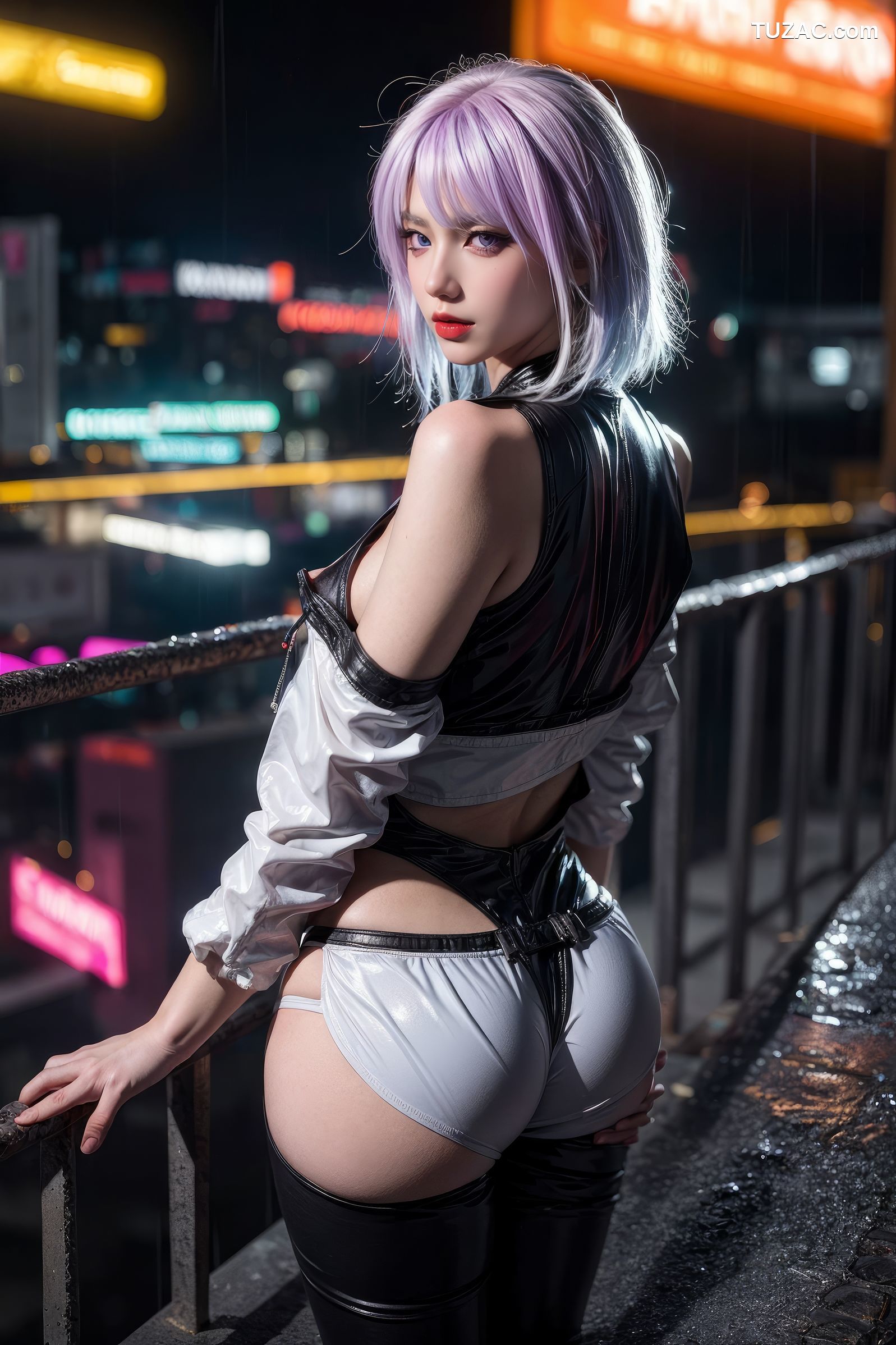 AI美女-赛博朋克-露西-淡紫色短发美少女