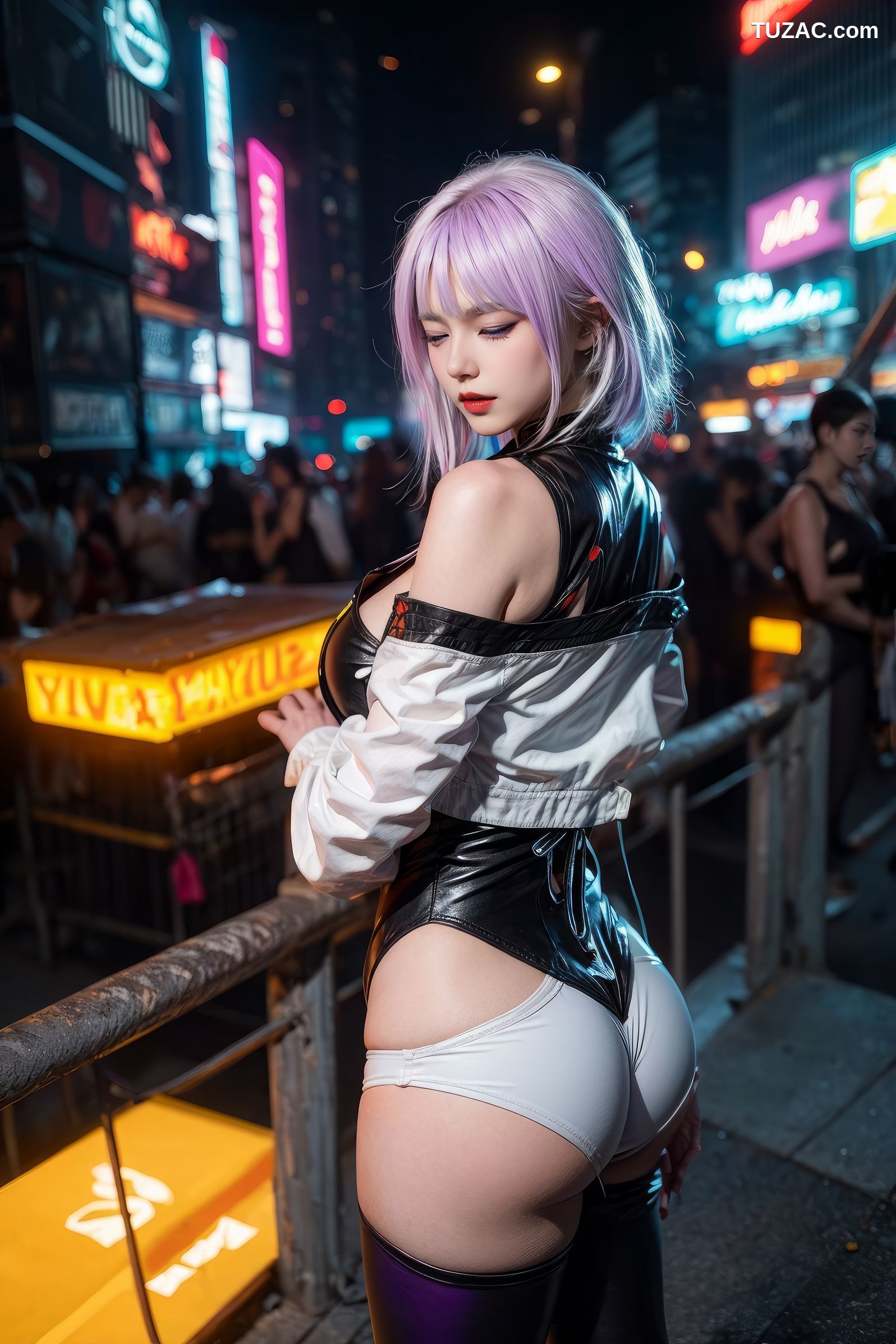 AI美女-赛博朋克-露西-淡紫色短发美少女