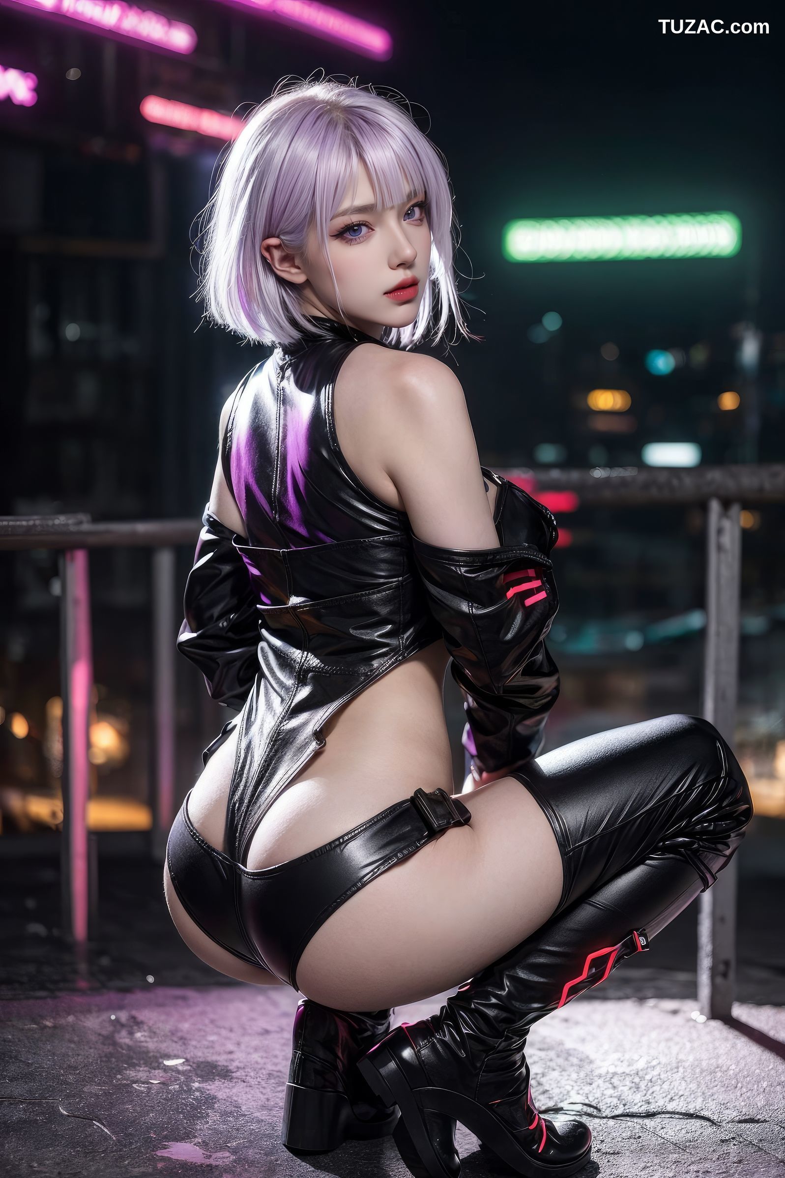 AI美女-赛博朋克-露西-淡紫色短发美少女