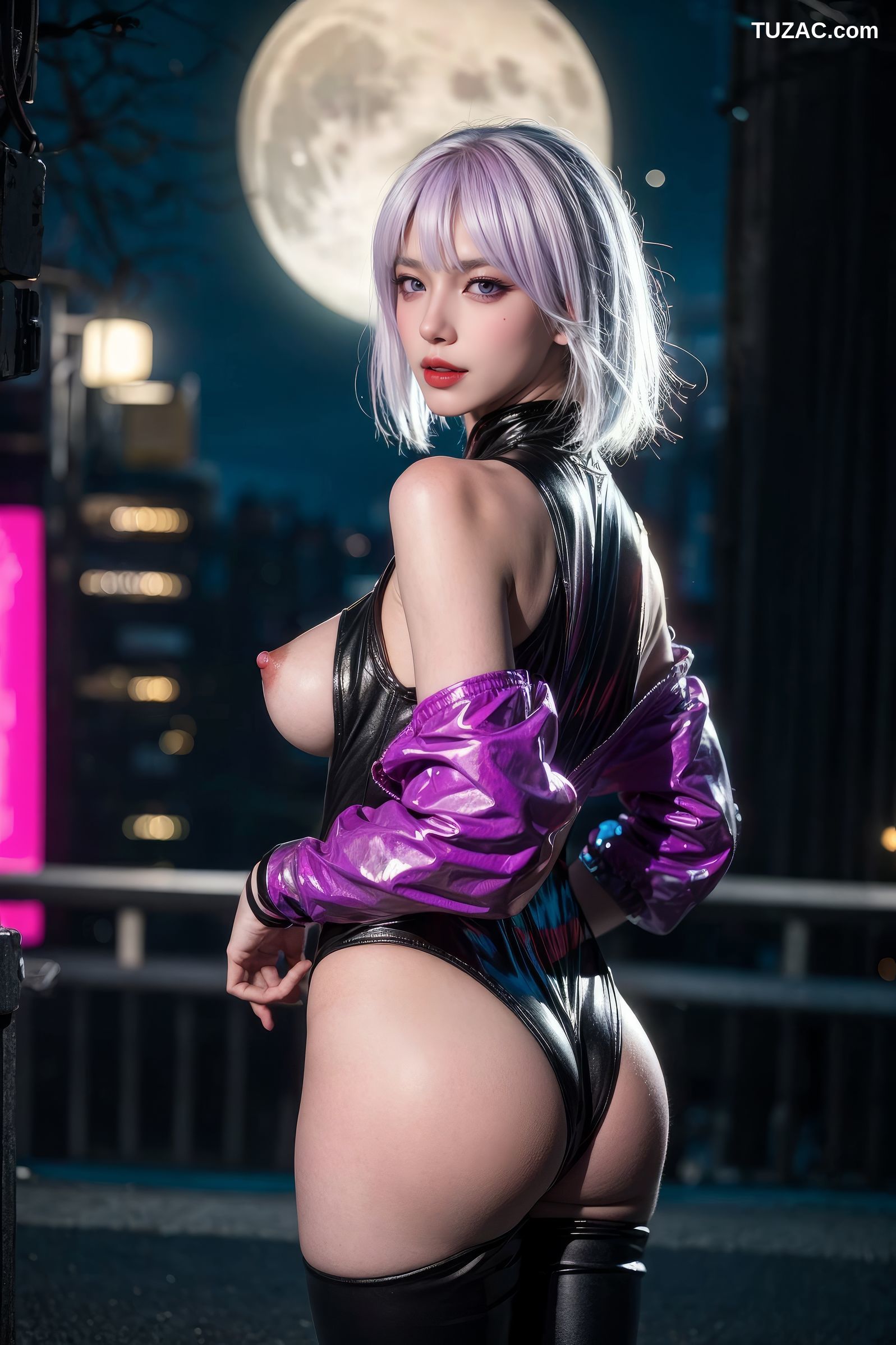 AI美女-赛博朋克-露西-淡紫色短发美少女