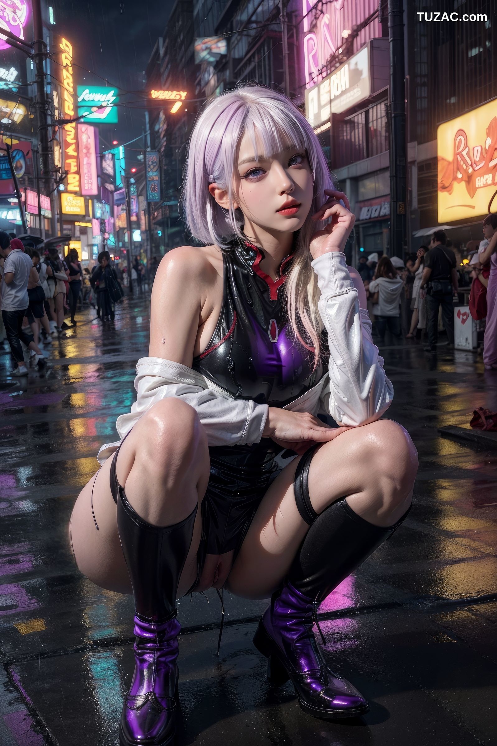 AI美女-赛博朋克-露西-淡紫色短发美少女