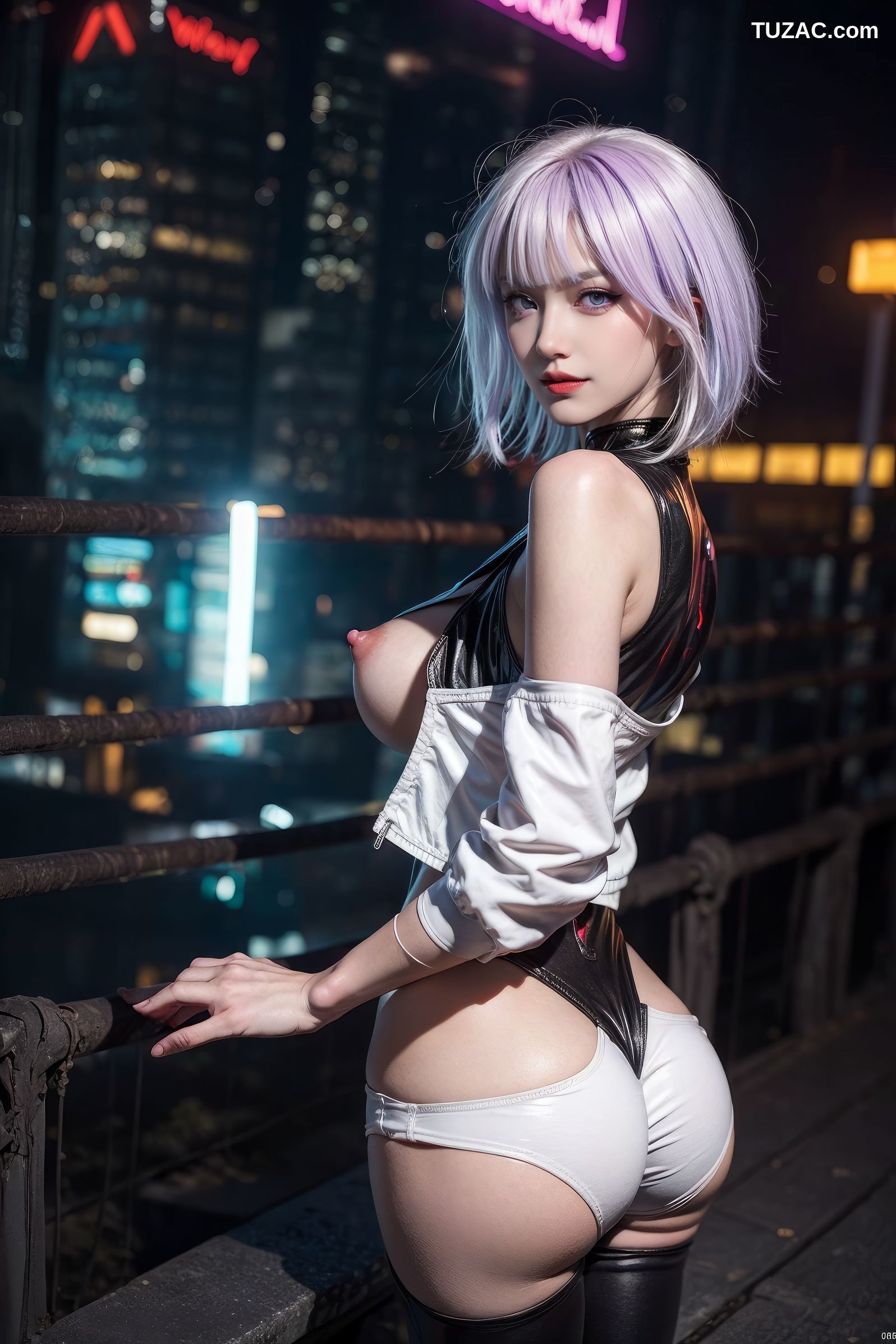 AI美女-赛博朋克-露西-淡紫色短发美少女