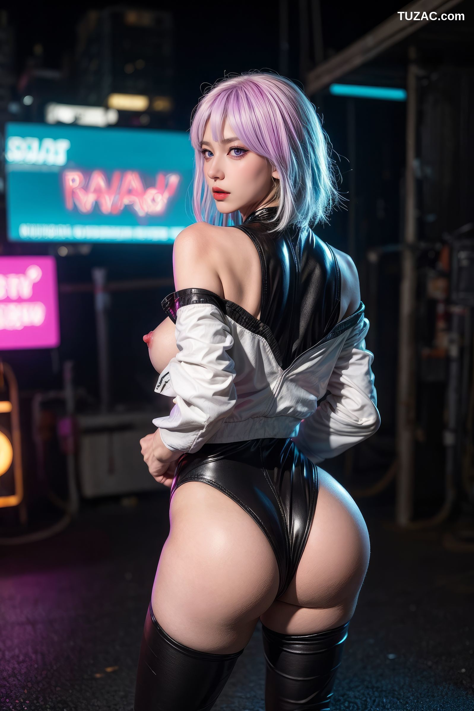 AI美女-赛博朋克-露西-淡紫色短发美少女