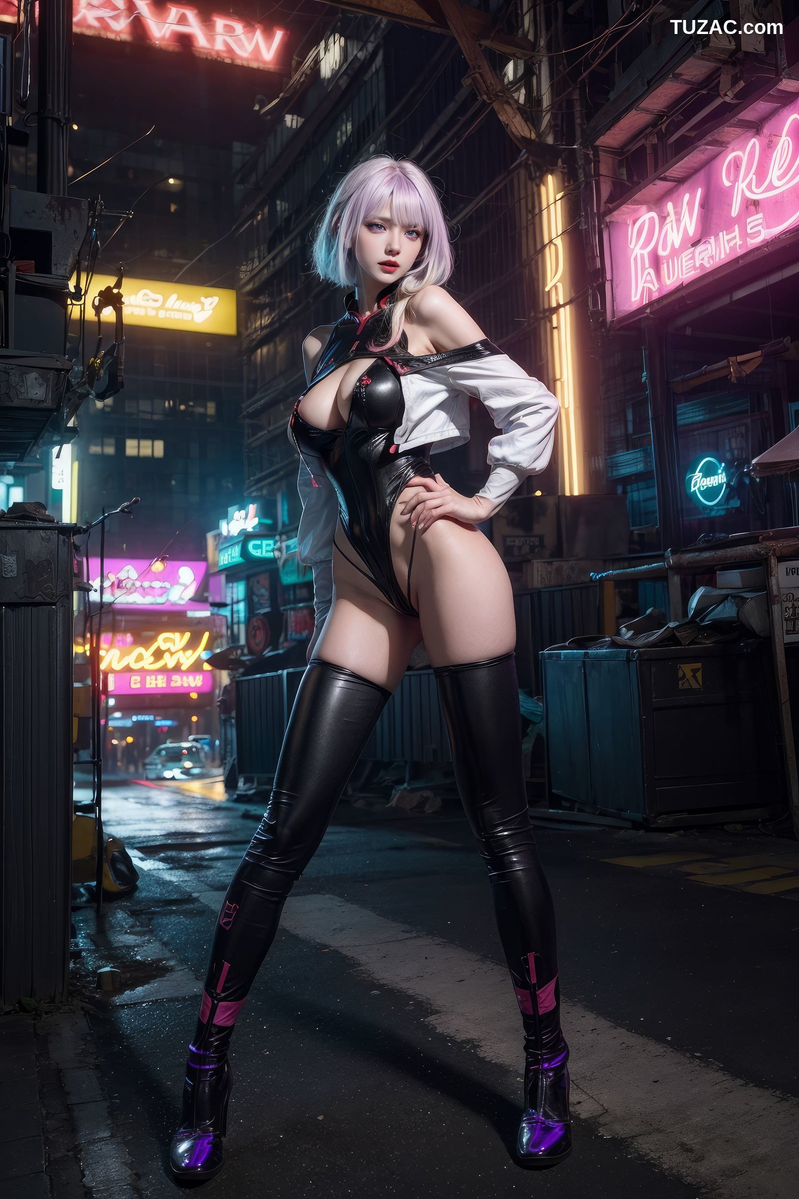 AI美女-赛博朋克-露西-淡紫色短发美少女