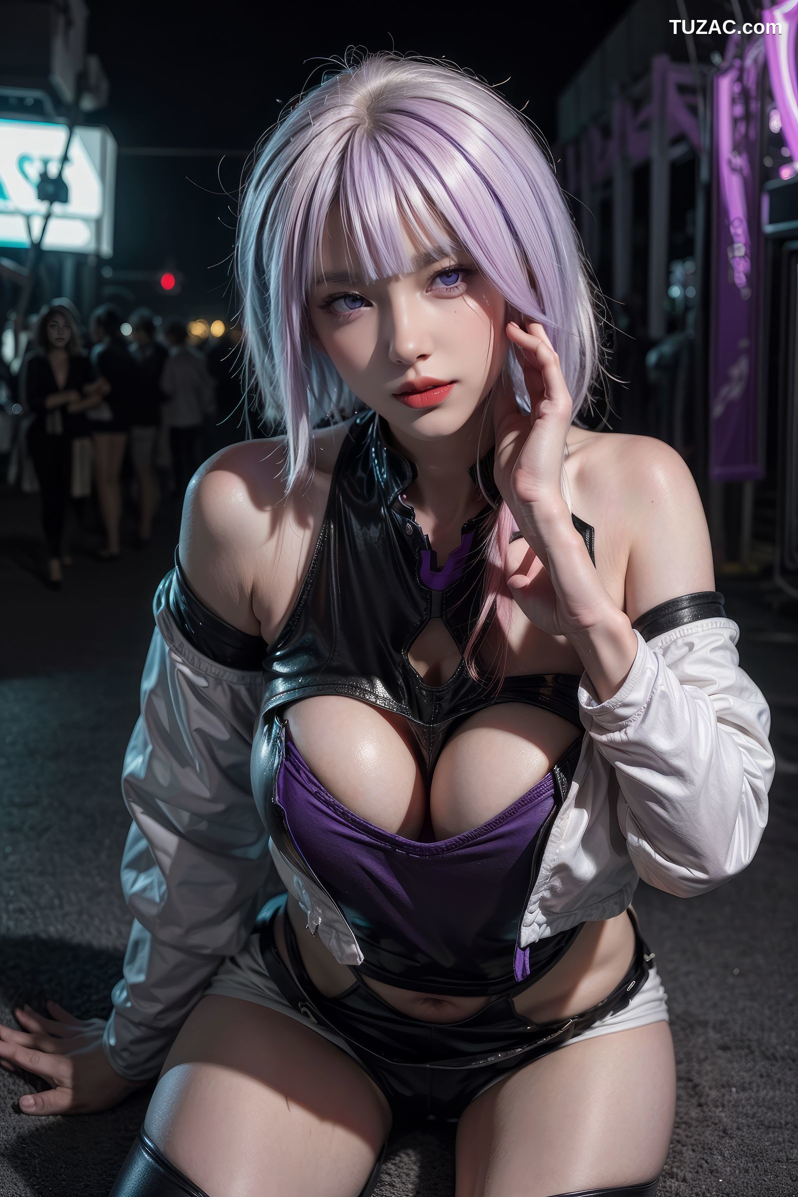 AI美女-赛博朋克-露西-淡紫色短发美少女