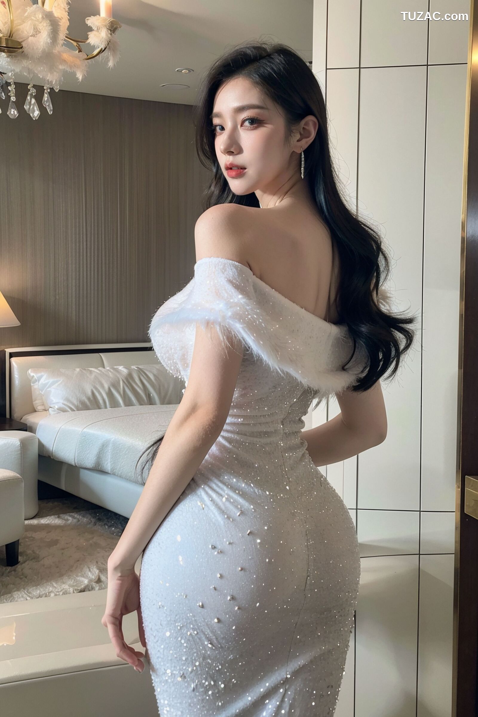 AI美女-超写实-一字肩白礼裙美女-18禁