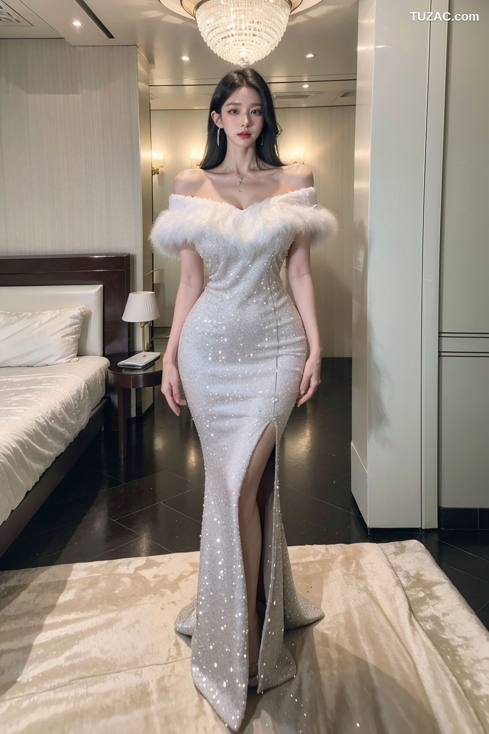 AI美女-超写实-一字肩白礼裙美女-18禁