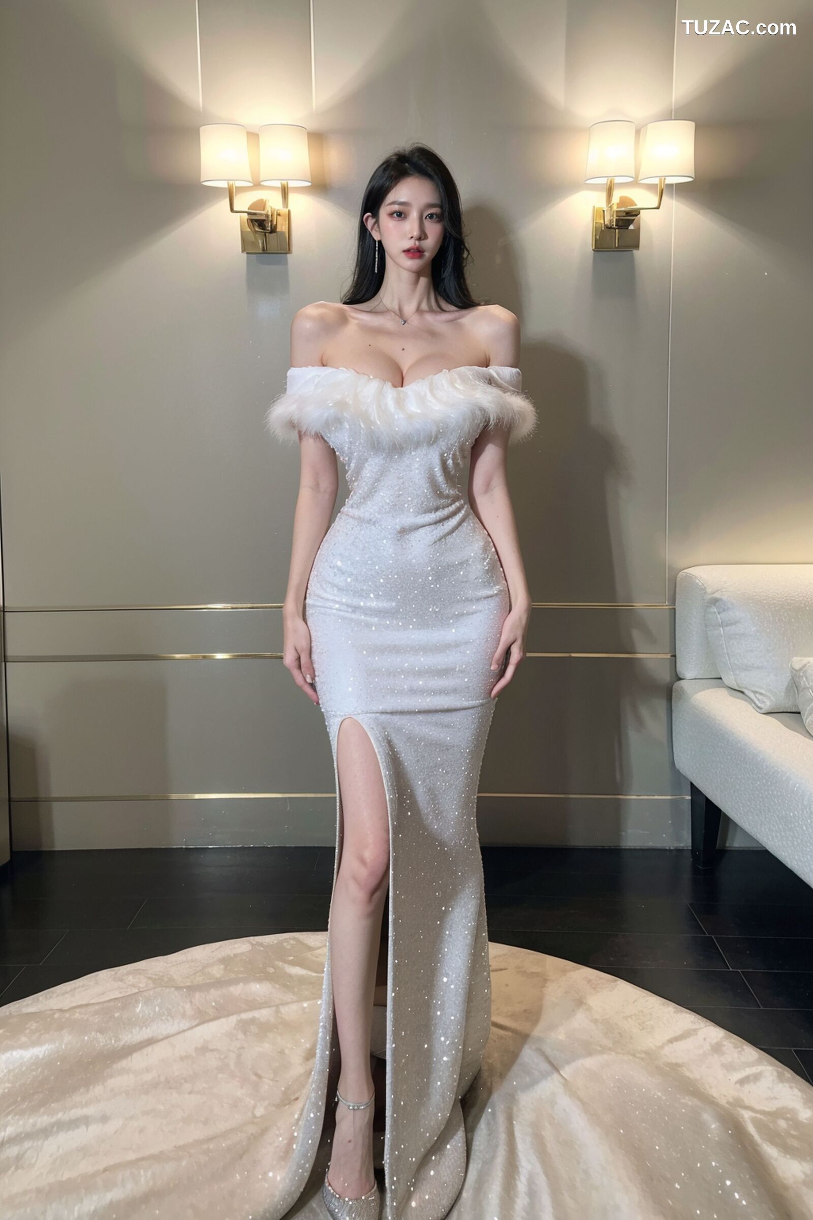 AI美女-超写实-一字肩白礼裙美女-18禁