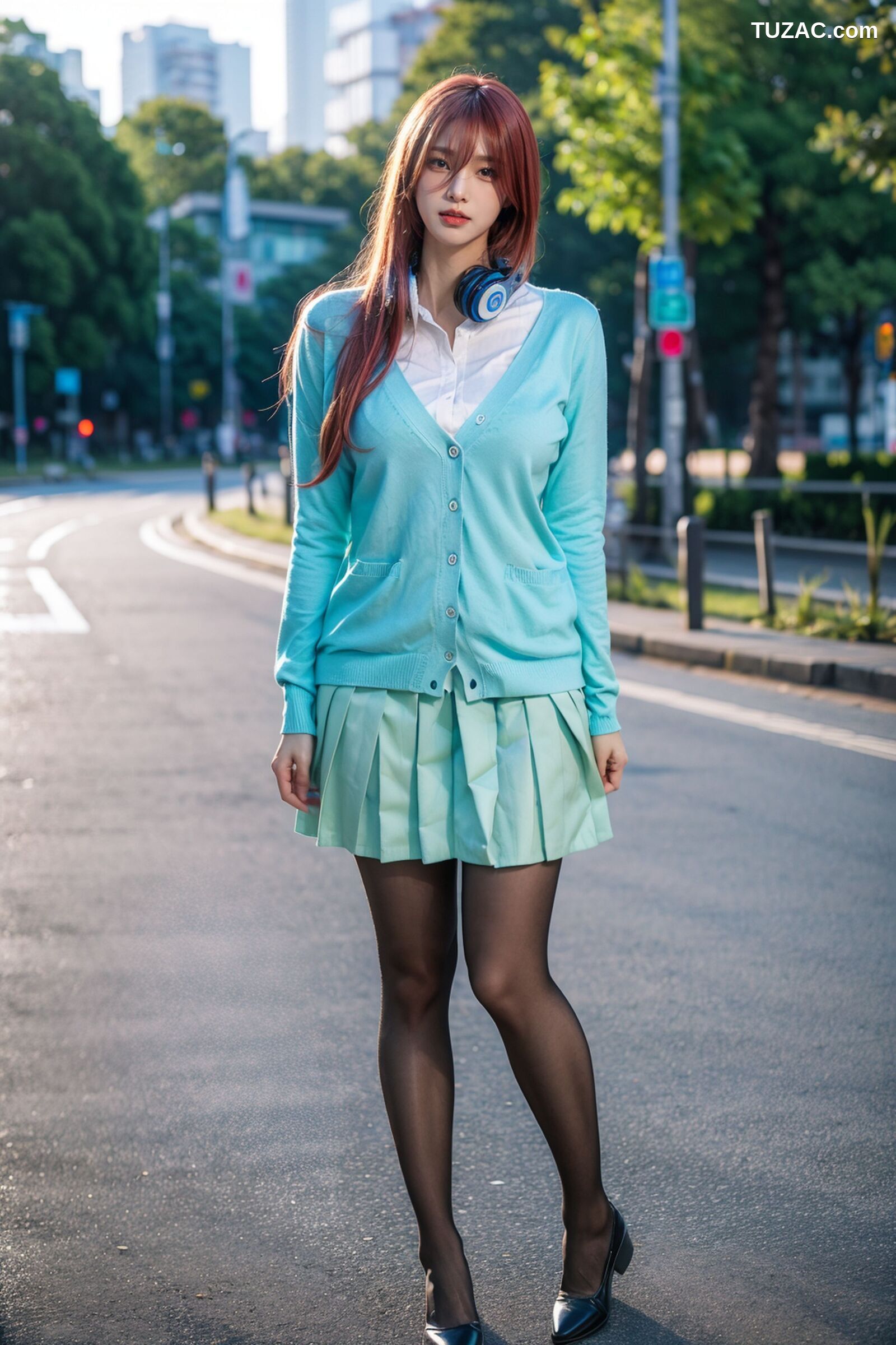 AI美女-超写实-户外蓝女针织衫百褶短裙黑丝-18禁