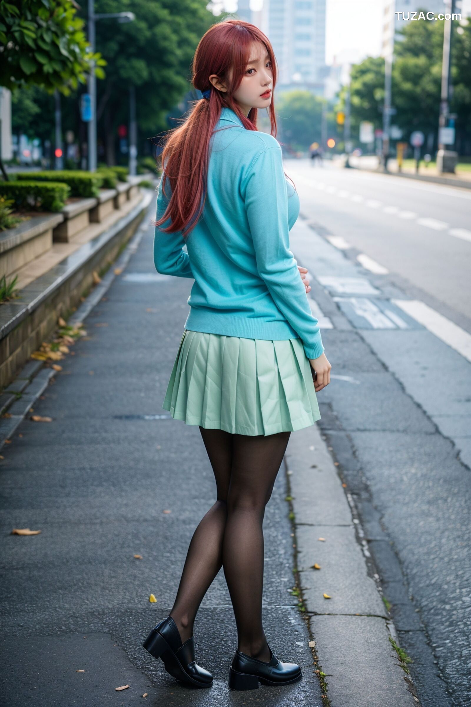 AI美女-超写实-户外蓝女针织衫百褶短裙黑丝-18禁