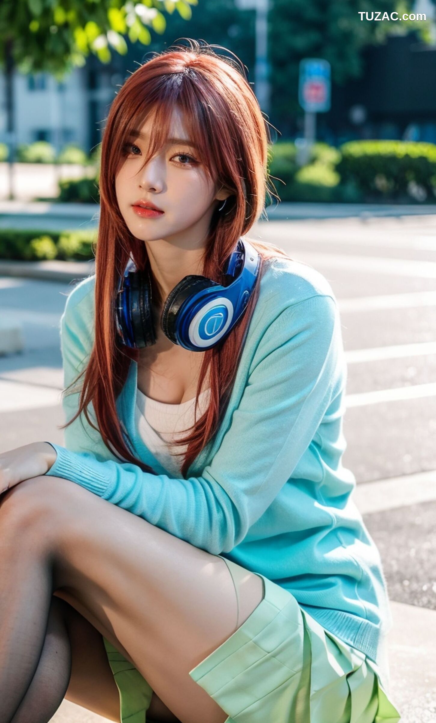 AI美女-超写实-户外蓝女针织衫百褶短裙黑丝-18禁