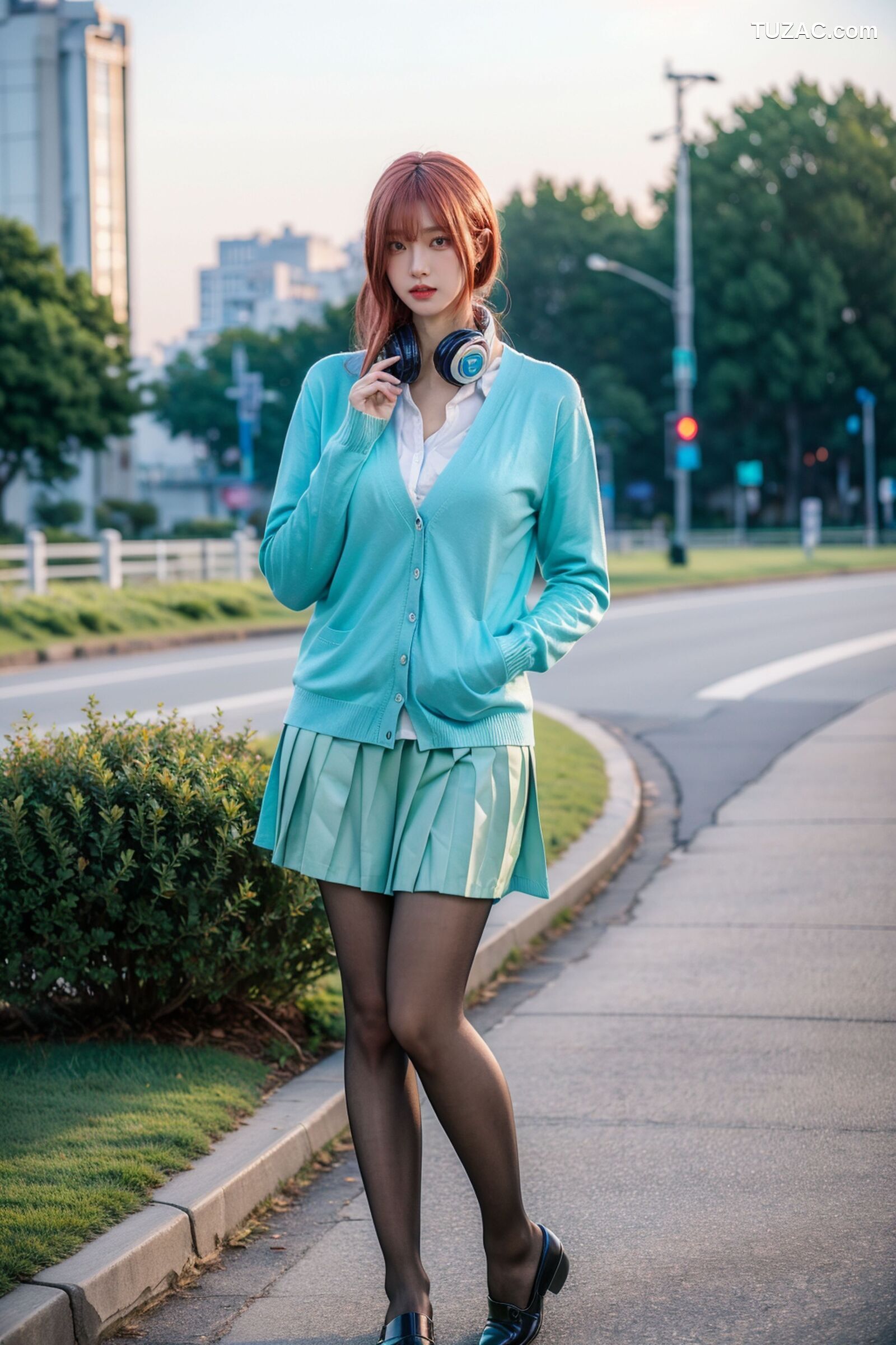 AI美女-超写实-户外蓝女针织衫百褶短裙黑丝-18禁