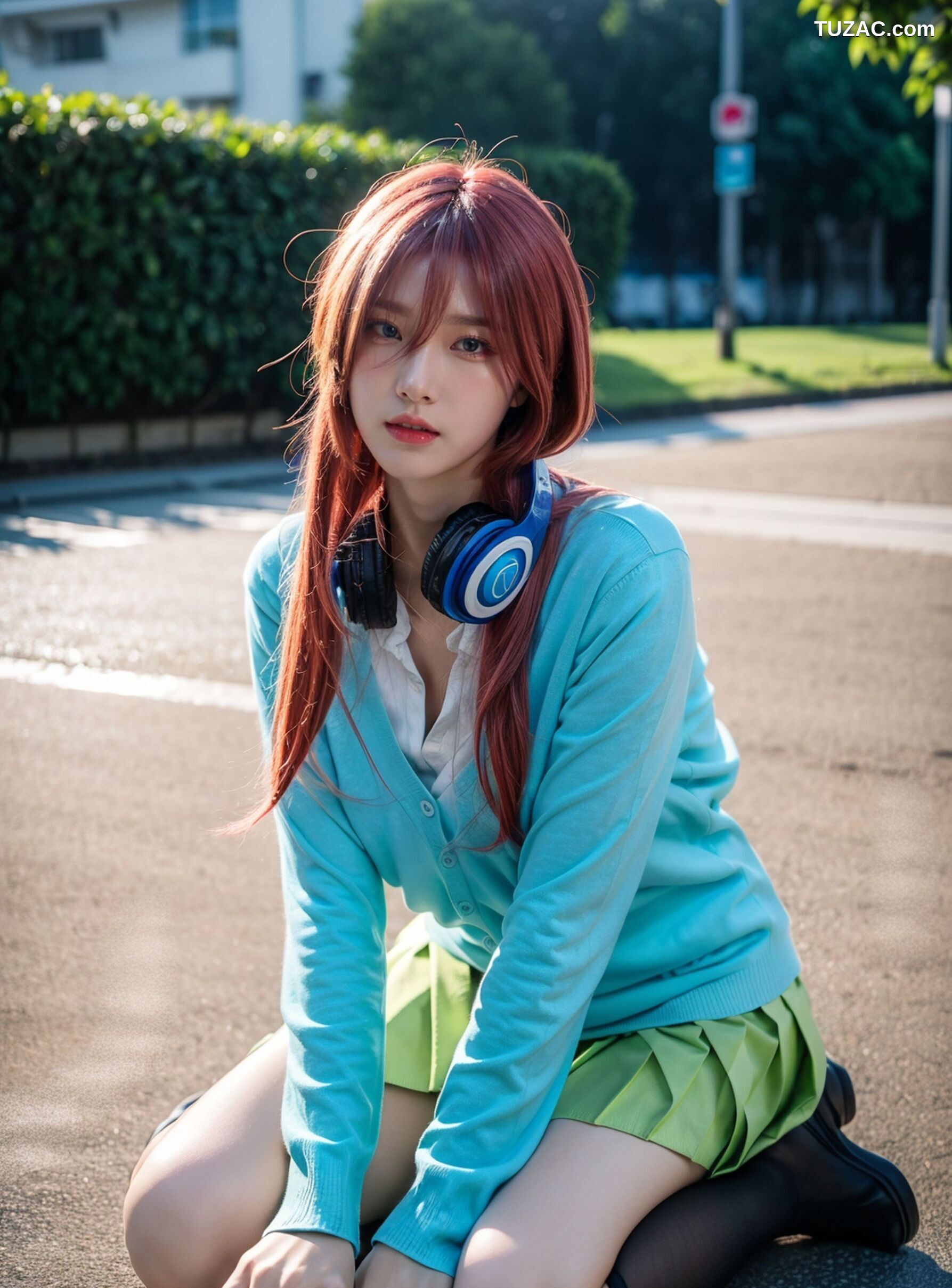 AI美女-超写实-户外蓝女针织衫百褶短裙黑丝-18禁