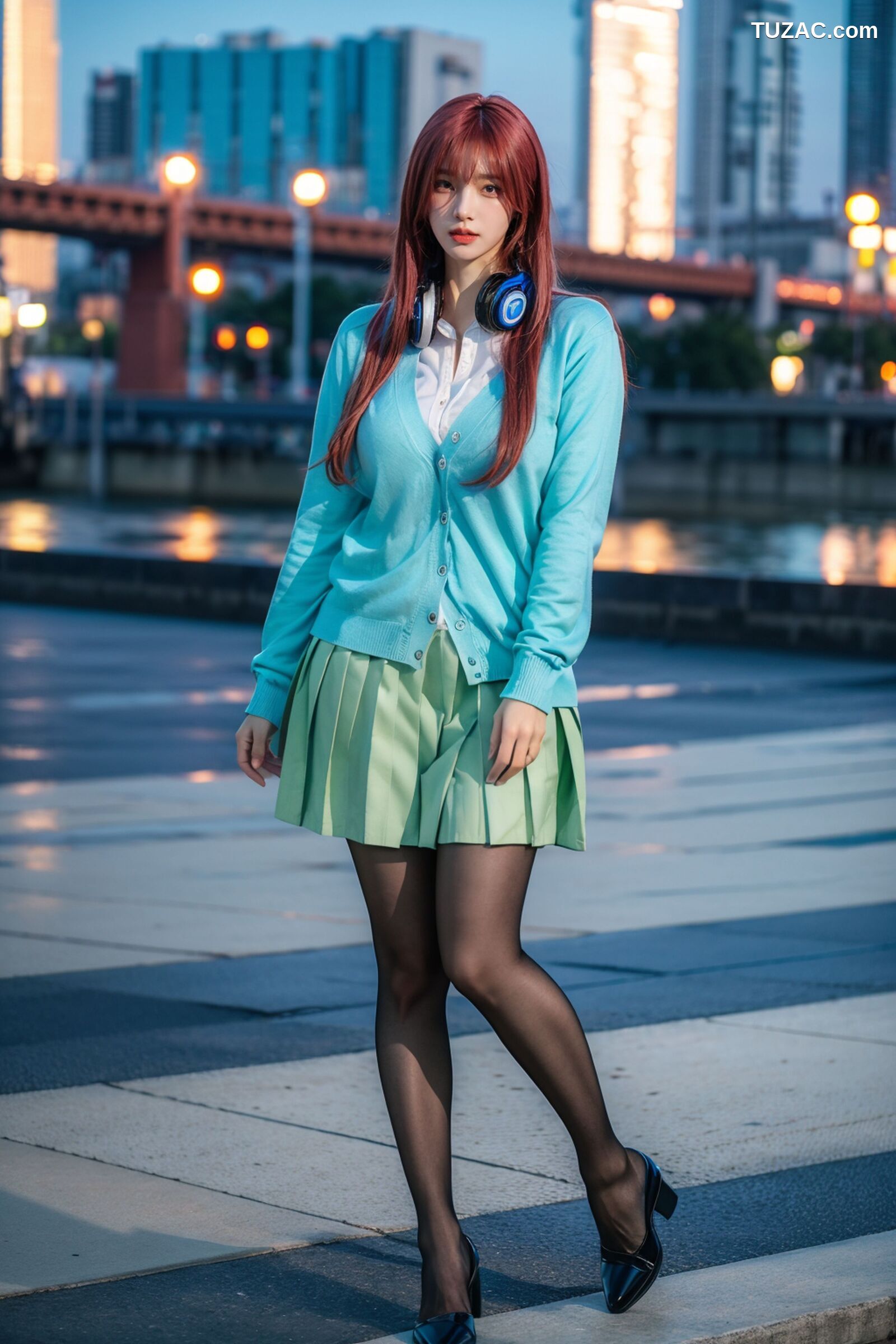 AI美女-超写实-户外蓝女针织衫百褶短裙黑丝-18禁