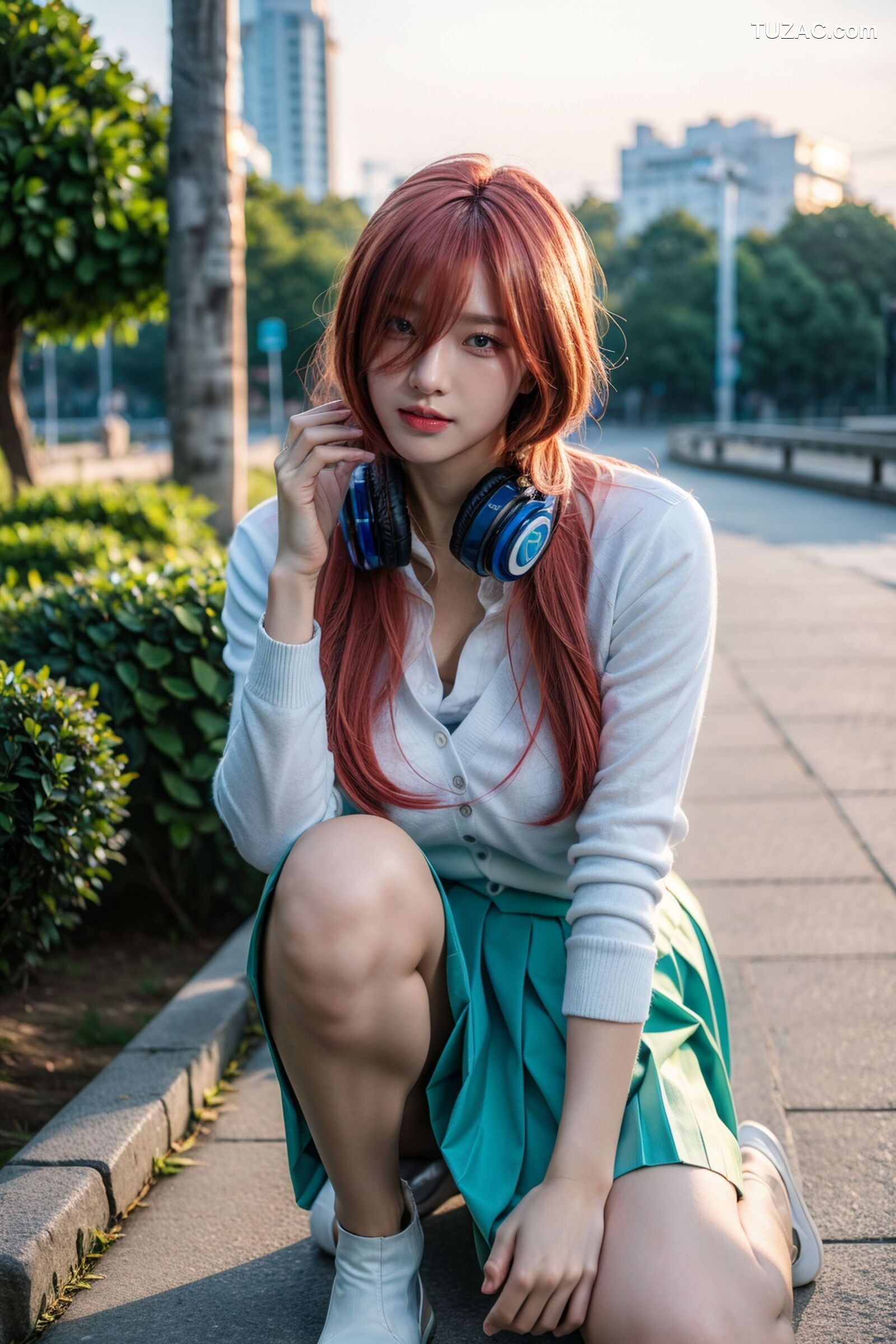 AI美女-超写实-户外蓝女针织衫百褶短裙黑丝-18禁