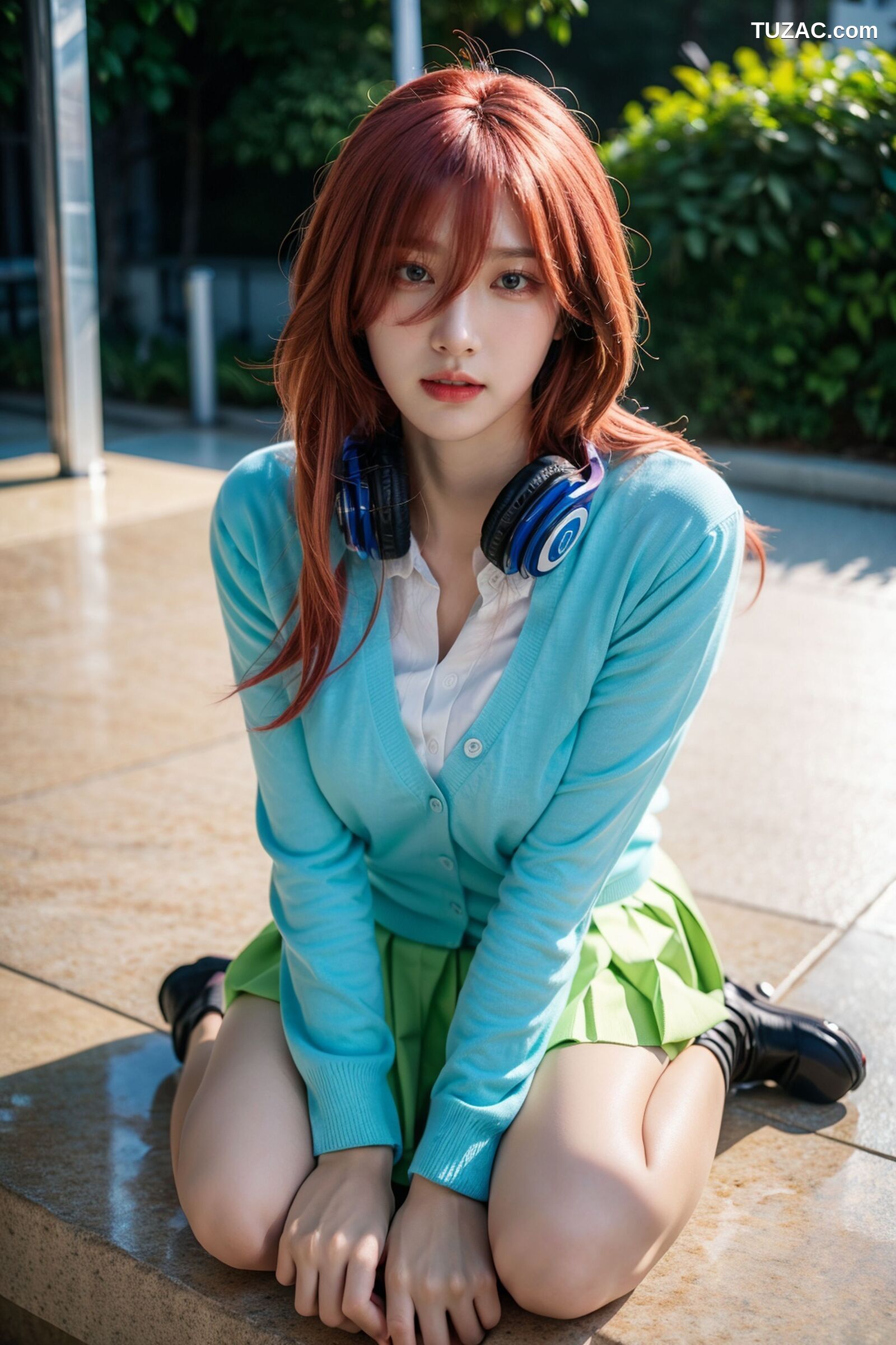 AI美女-超写实-户外蓝女针织衫百褶短裙黑丝-18禁