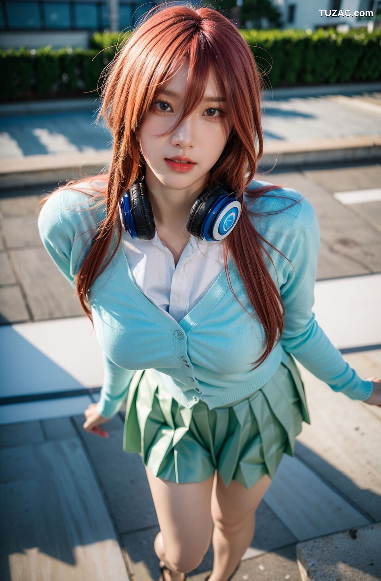 AI美女-超写实-户外蓝女针织衫百褶短裙黑丝-18禁