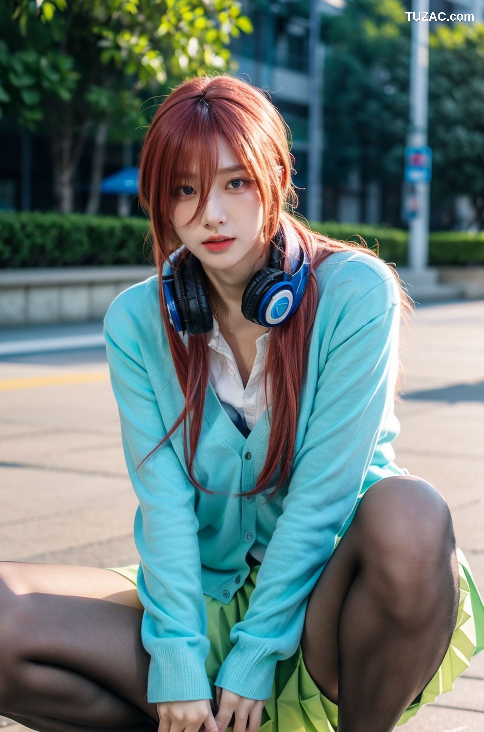 AI美女-超写实-户外蓝女针织衫百褶短裙黑丝-18禁