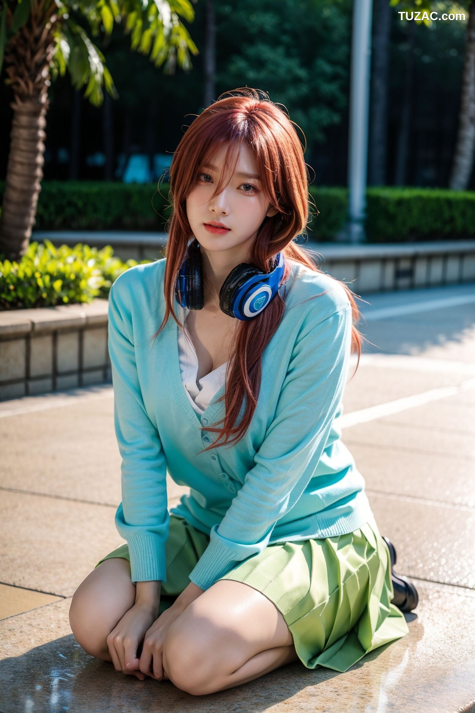 AI美女-超写实-户外蓝女针织衫百褶短裙黑丝-18禁