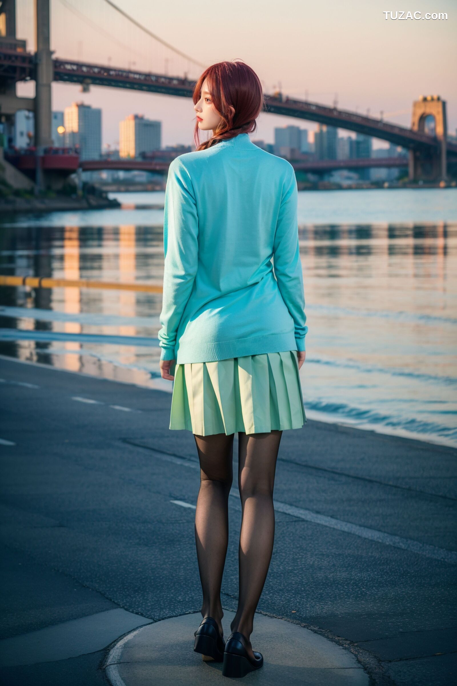 AI美女-超写实-户外蓝女针织衫百褶短裙黑丝-18禁