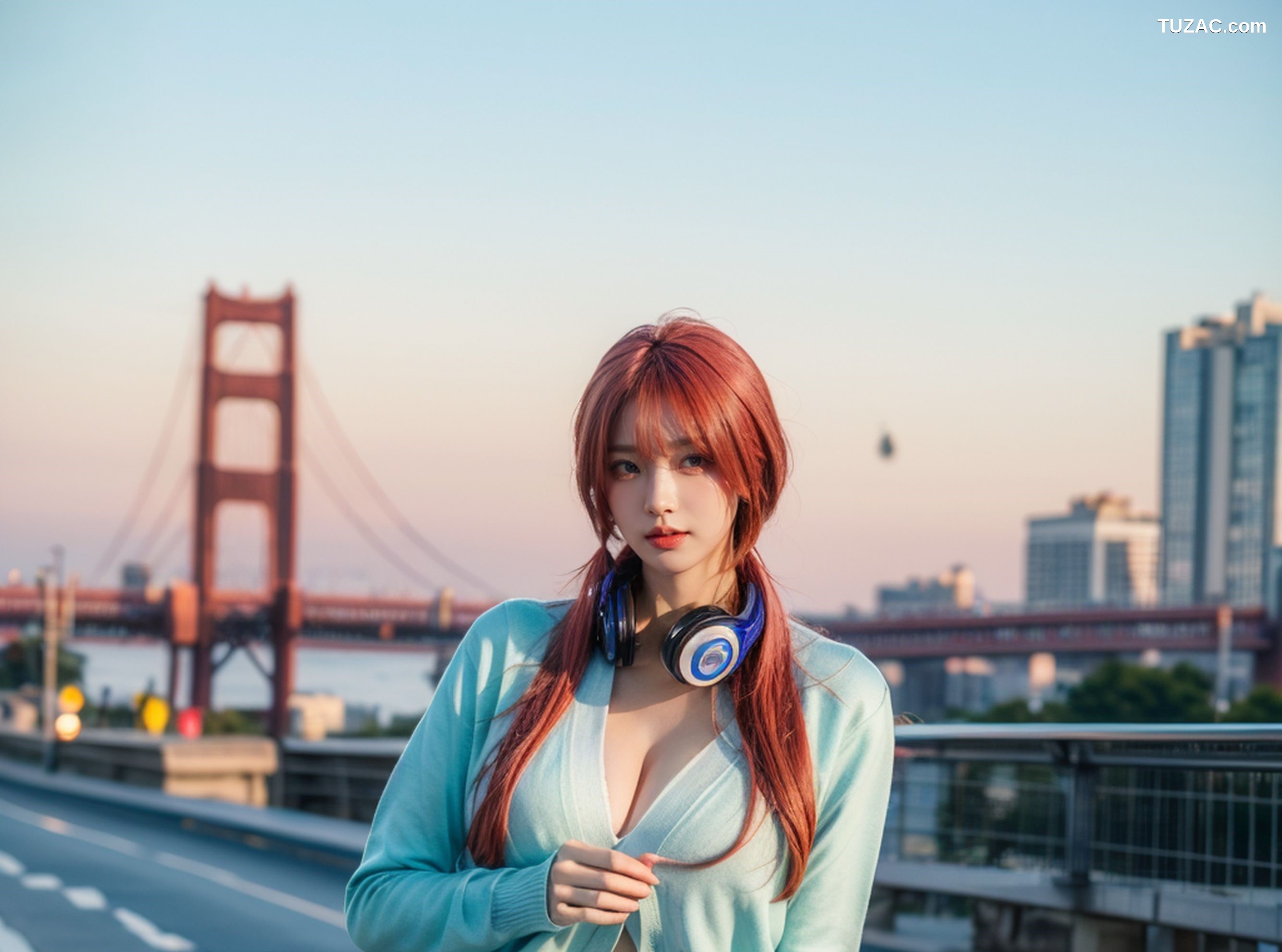 AI美女-超写实-户外蓝女针织衫百褶短裙黑丝-18禁