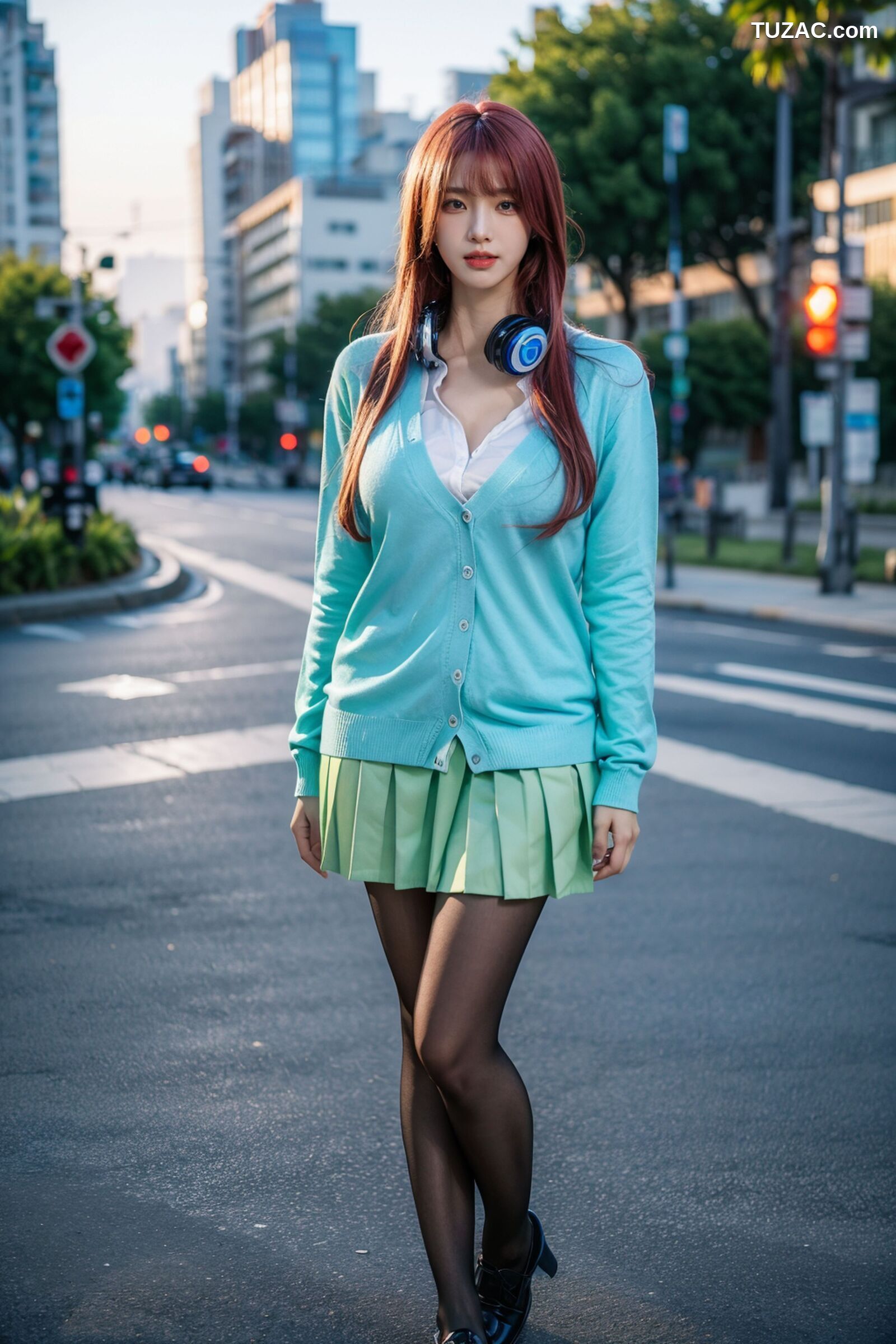 AI美女-超写实-户外蓝女针织衫百褶短裙黑丝-18禁