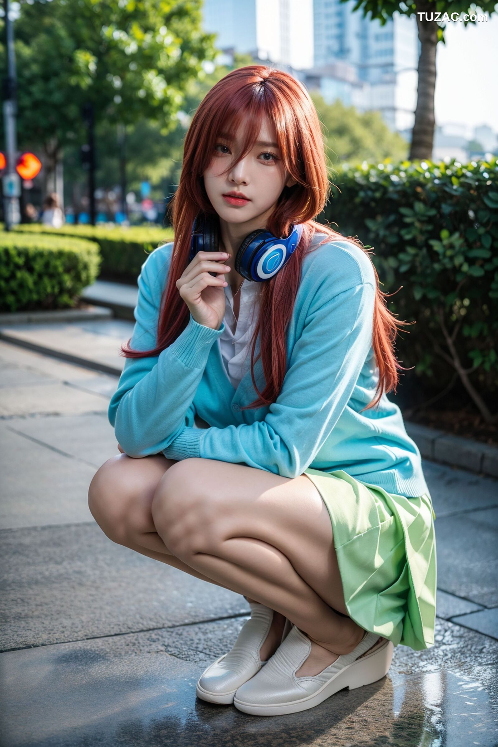 AI美女-超写实-户外蓝女针织衫百褶短裙黑丝-18禁