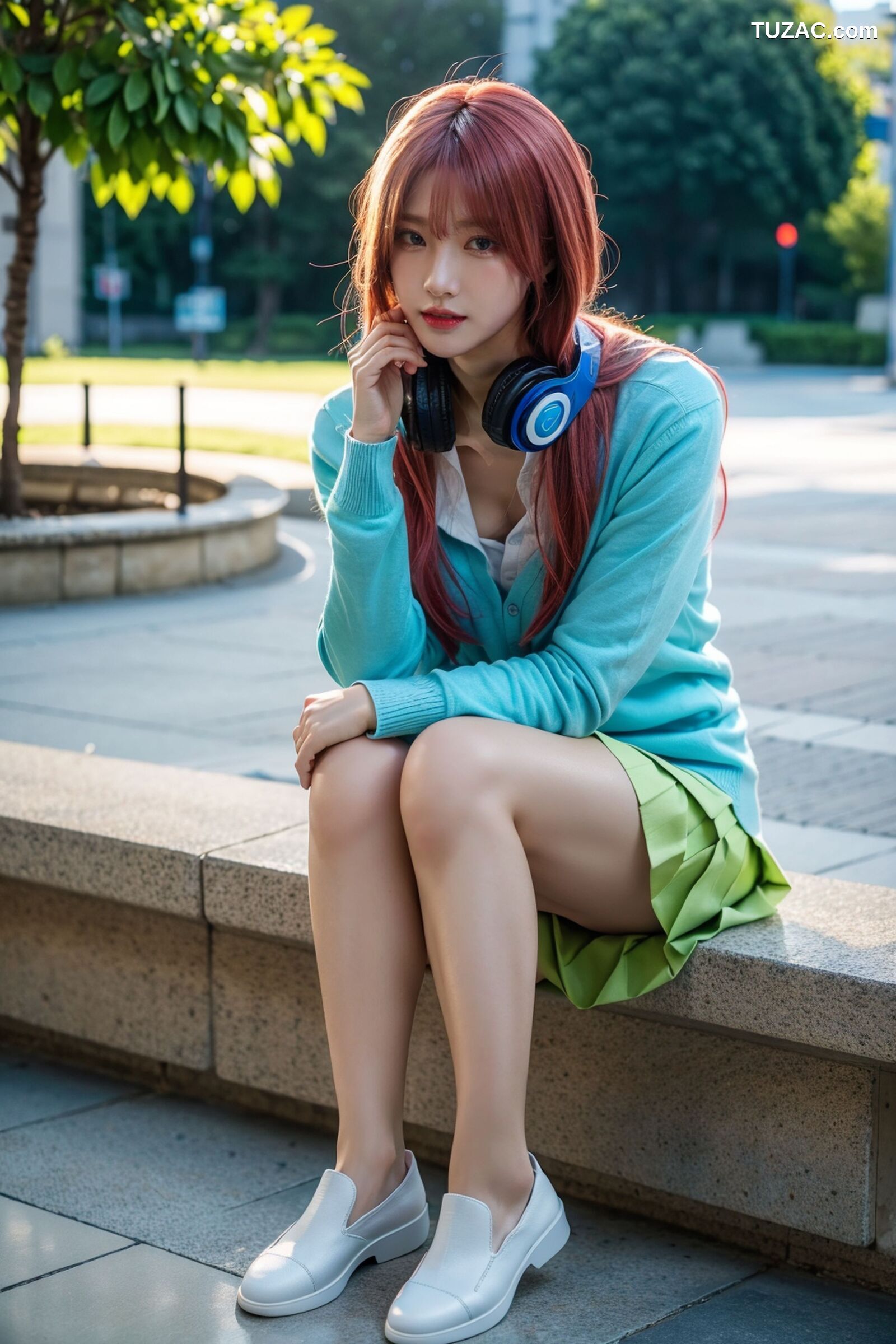 AI美女-超写实-户外蓝女针织衫百褶短裙黑丝-18禁