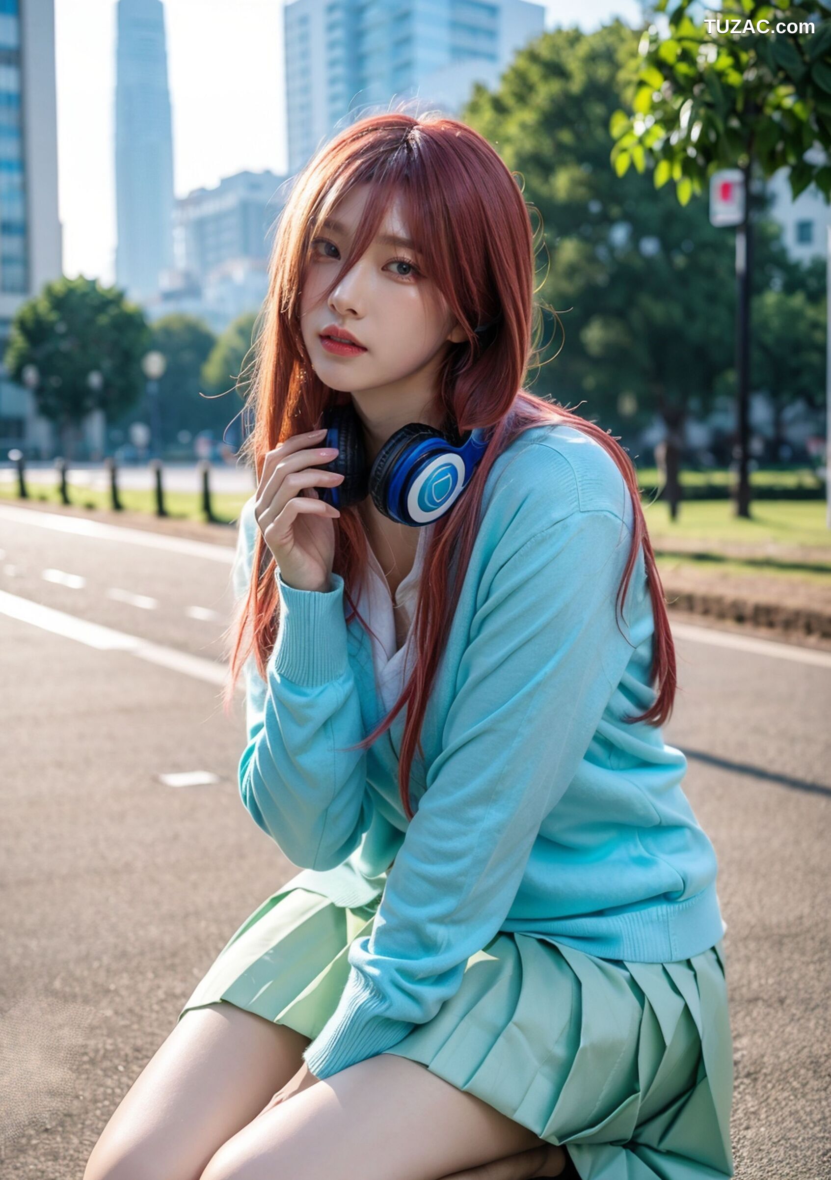 AI美女-超写实-户外蓝女针织衫百褶短裙黑丝-18禁