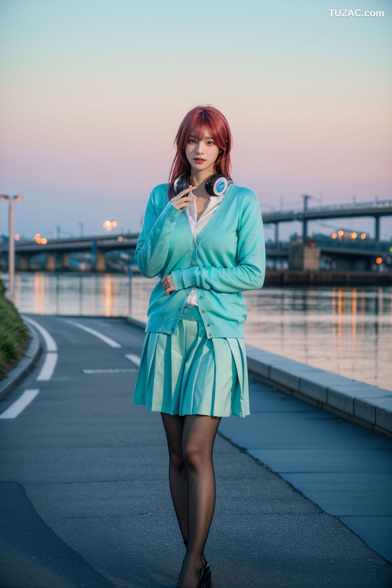 AI美女-超写实-户外蓝女针织衫百褶短裙黑丝-18禁