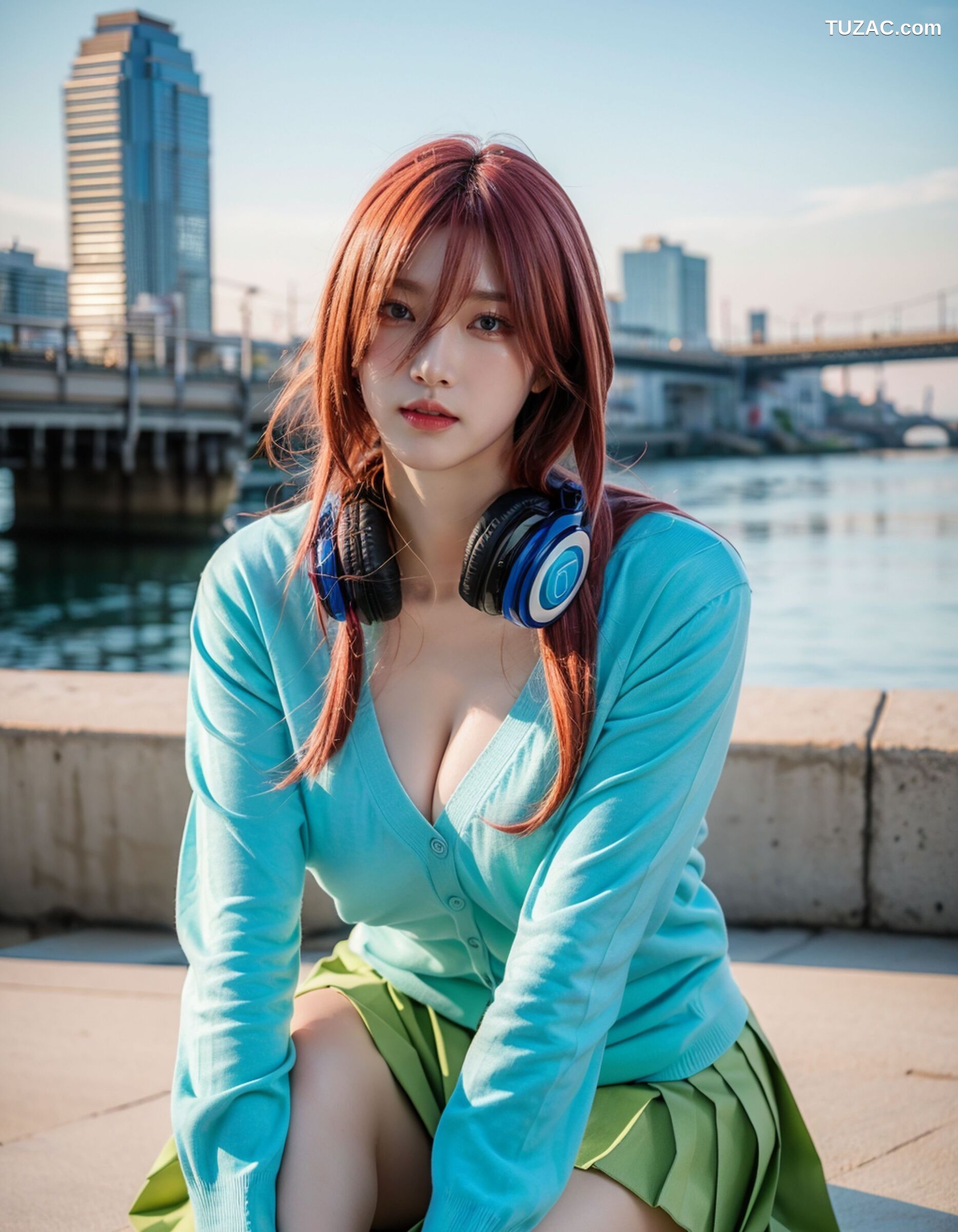 AI美女-超写实-户外蓝女针织衫百褶短裙黑丝-18禁