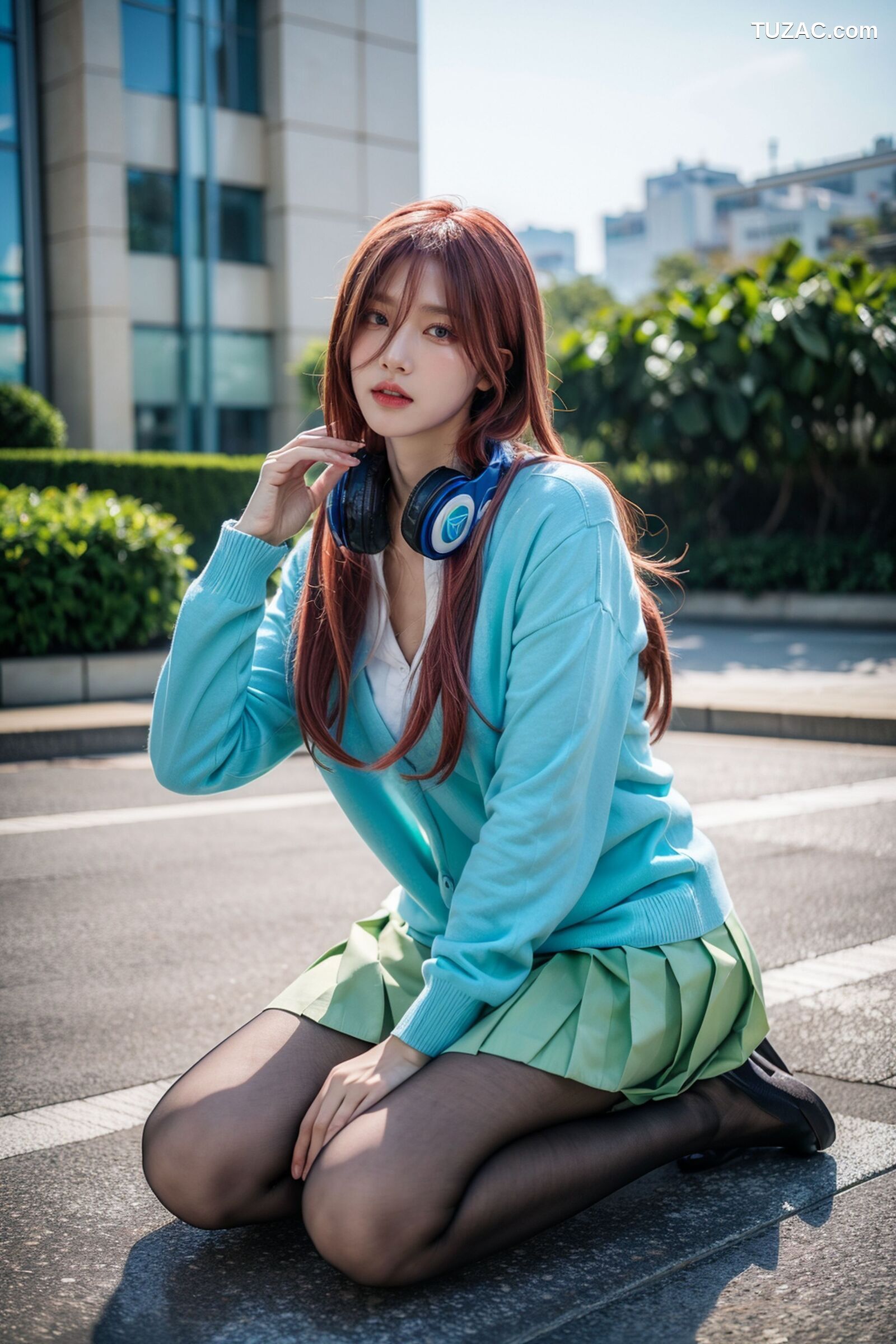 AI美女-超写实-户外蓝女针织衫百褶短裙黑丝-18禁