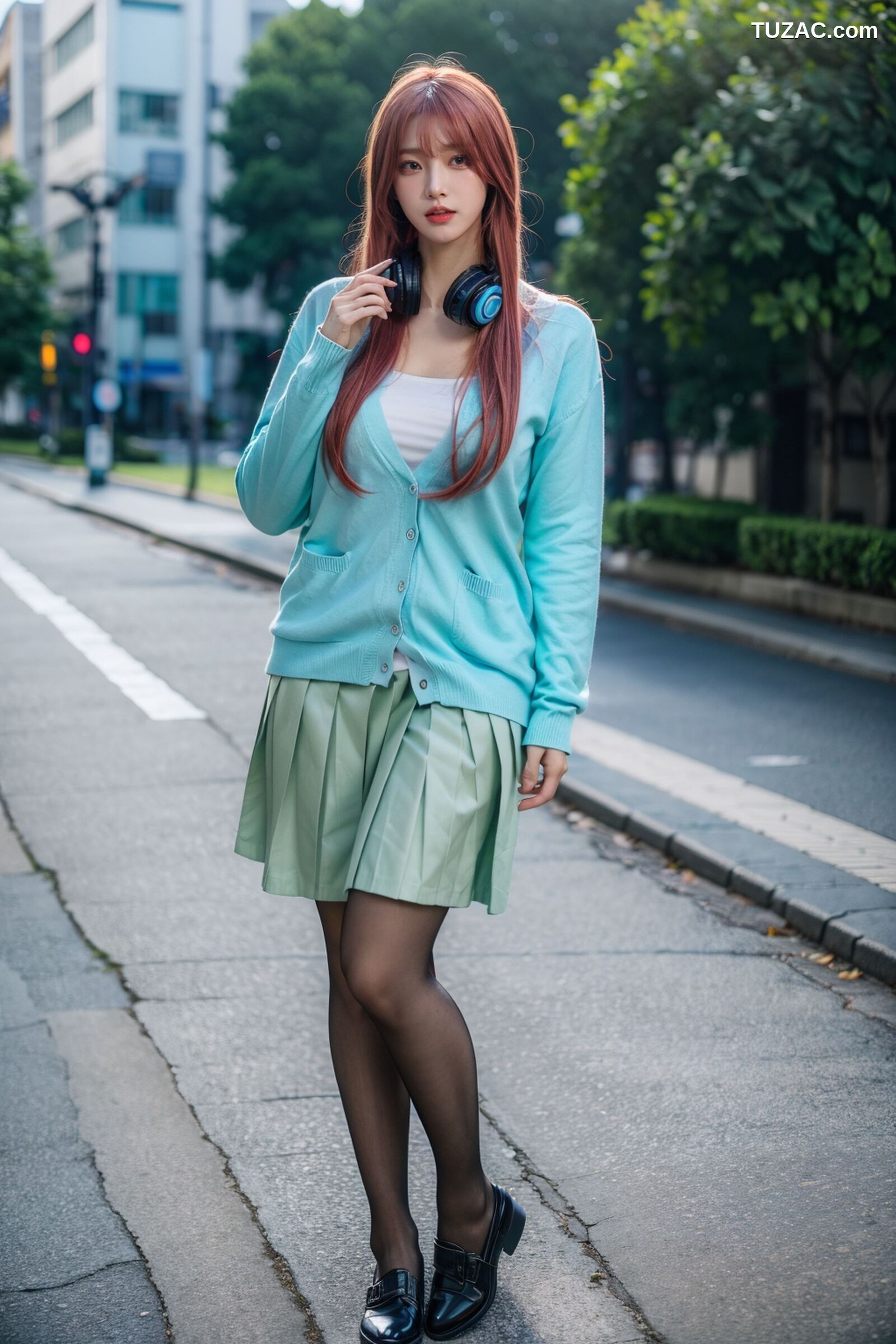 AI美女-超写实-户外蓝女针织衫百褶短裙黑丝-18禁