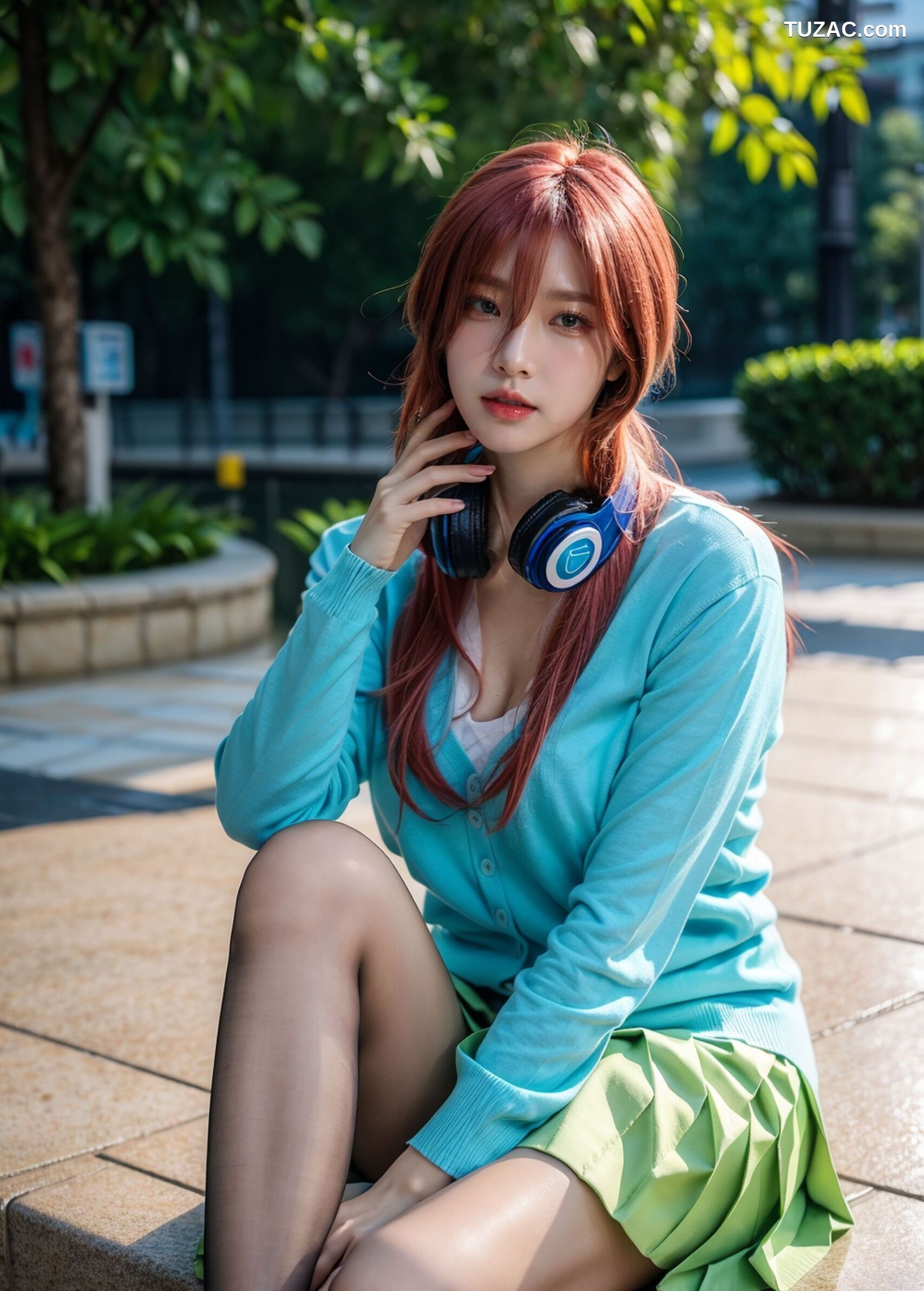 AI美女-超写实-户外蓝女针织衫百褶短裙黑丝-18禁