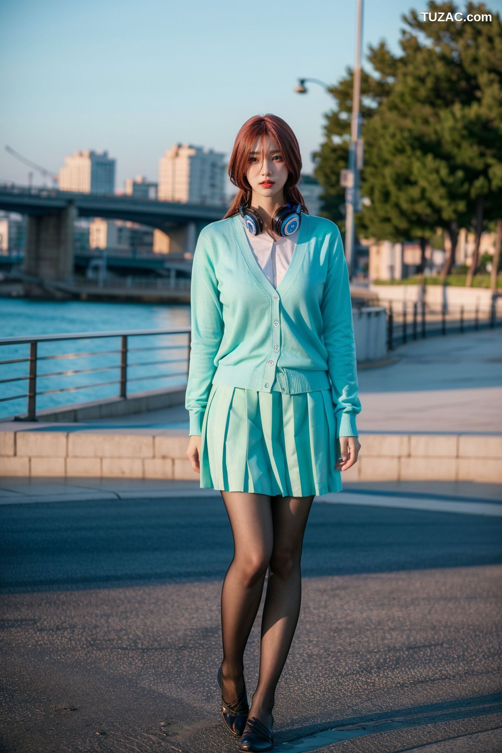 AI美女-超写实-户外蓝女针织衫百褶短裙黑丝-18禁