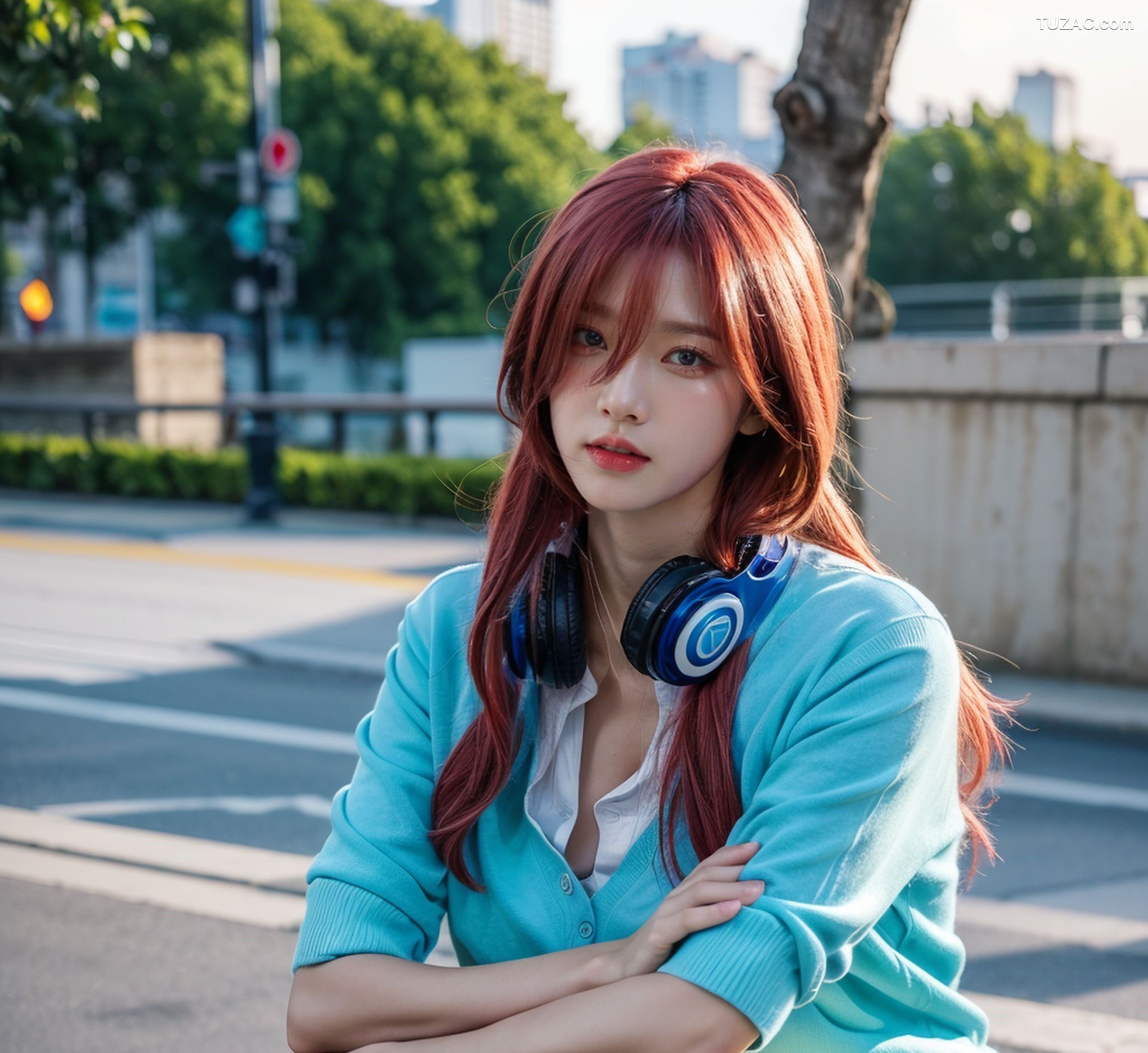 AI美女-超写实-户外蓝女针织衫百褶短裙黑丝-18禁