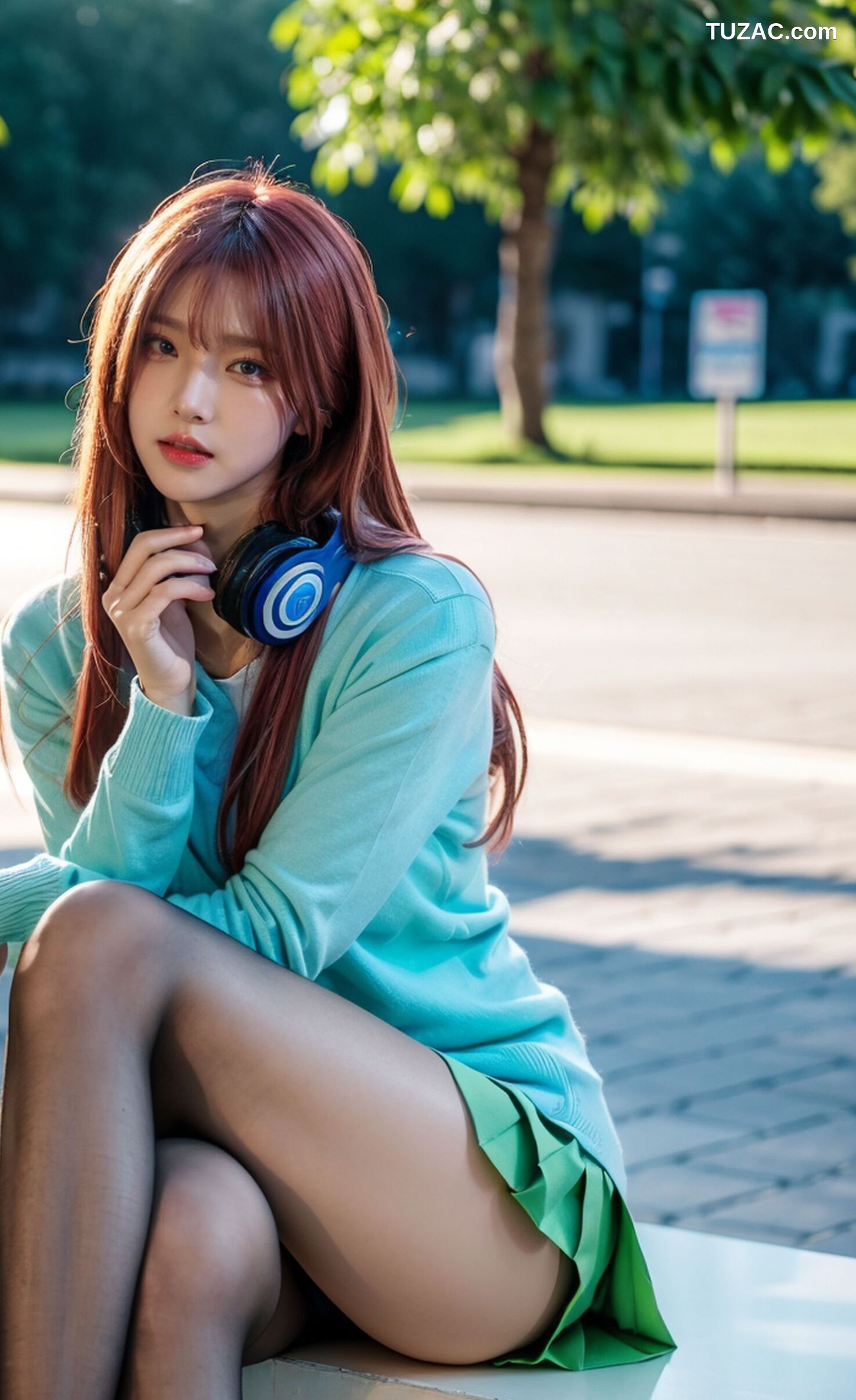 AI美女-超写实-户外蓝女针织衫百褶短裙黑丝-18禁