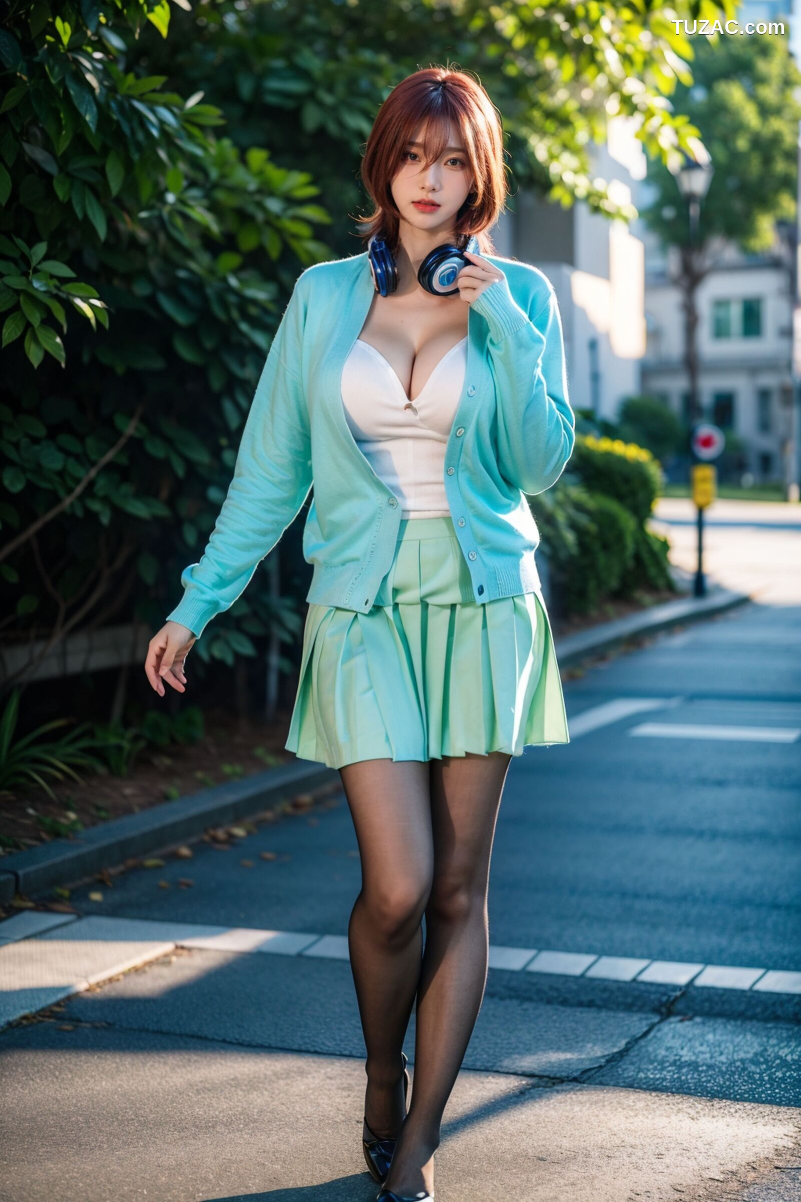 AI美女-超写实-户外蓝女针织衫百褶短裙黑丝-18禁