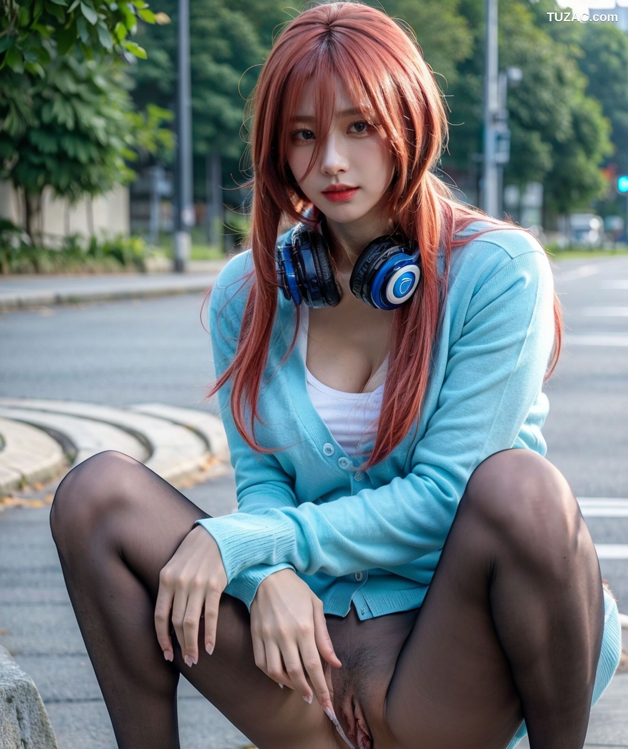 AI美女-超写实-户外蓝女针织衫百褶短裙黑丝-18禁