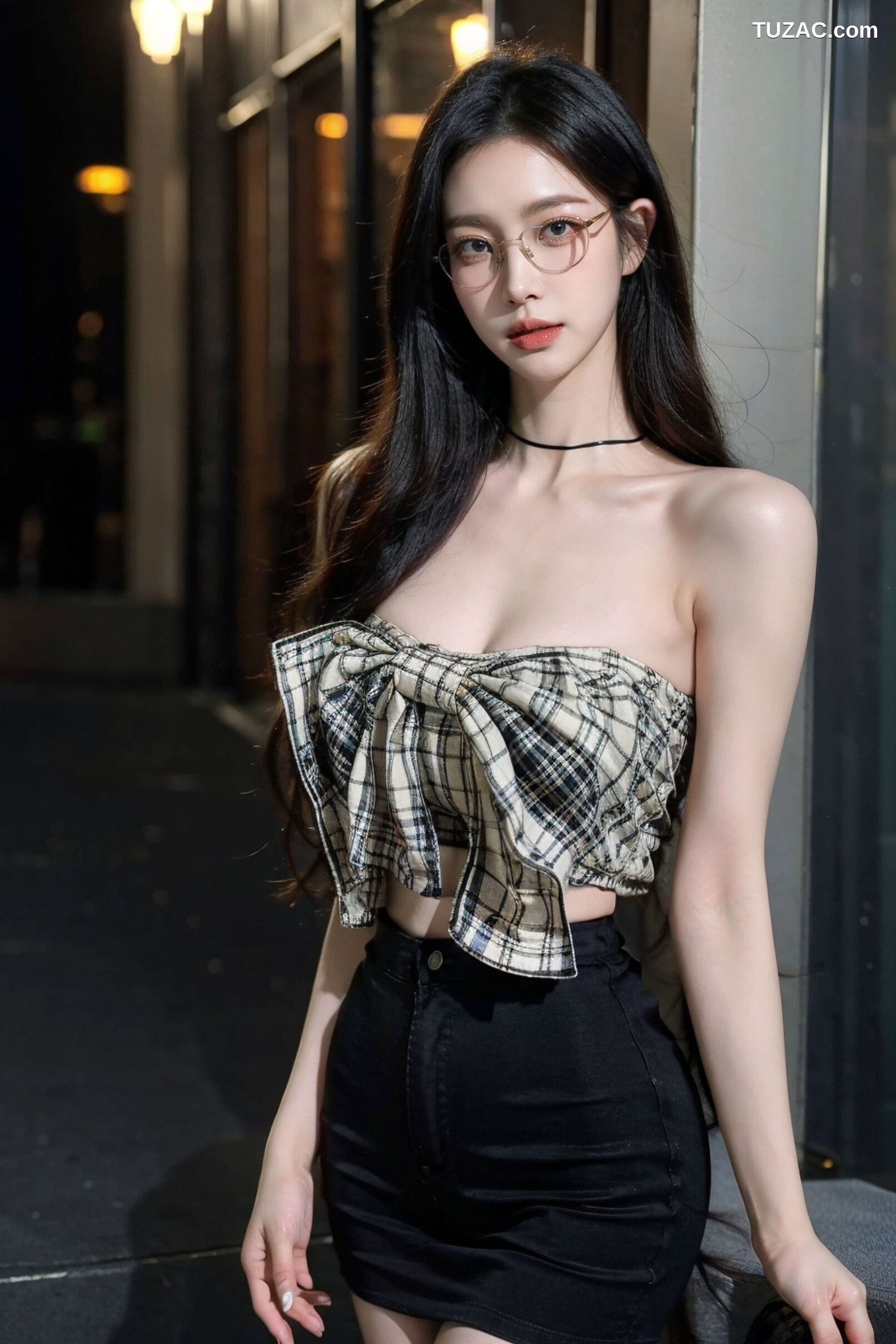 AI美女-超写实-格子蝴蝶结抹胸黑短裙美女街拍