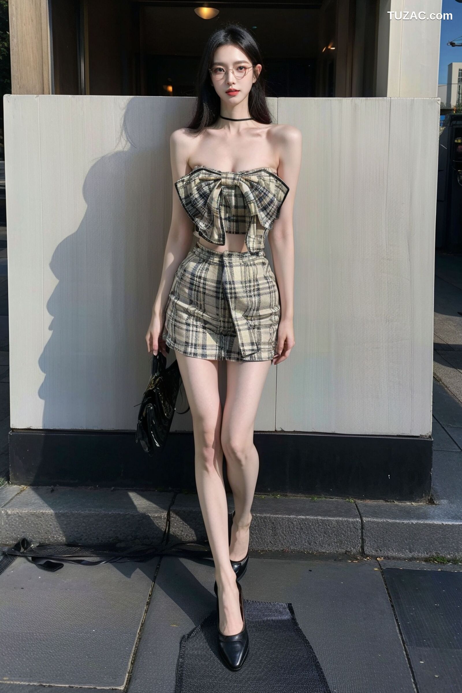 AI美女-超写实-格子蝴蝶结抹胸黑短裙美女街拍