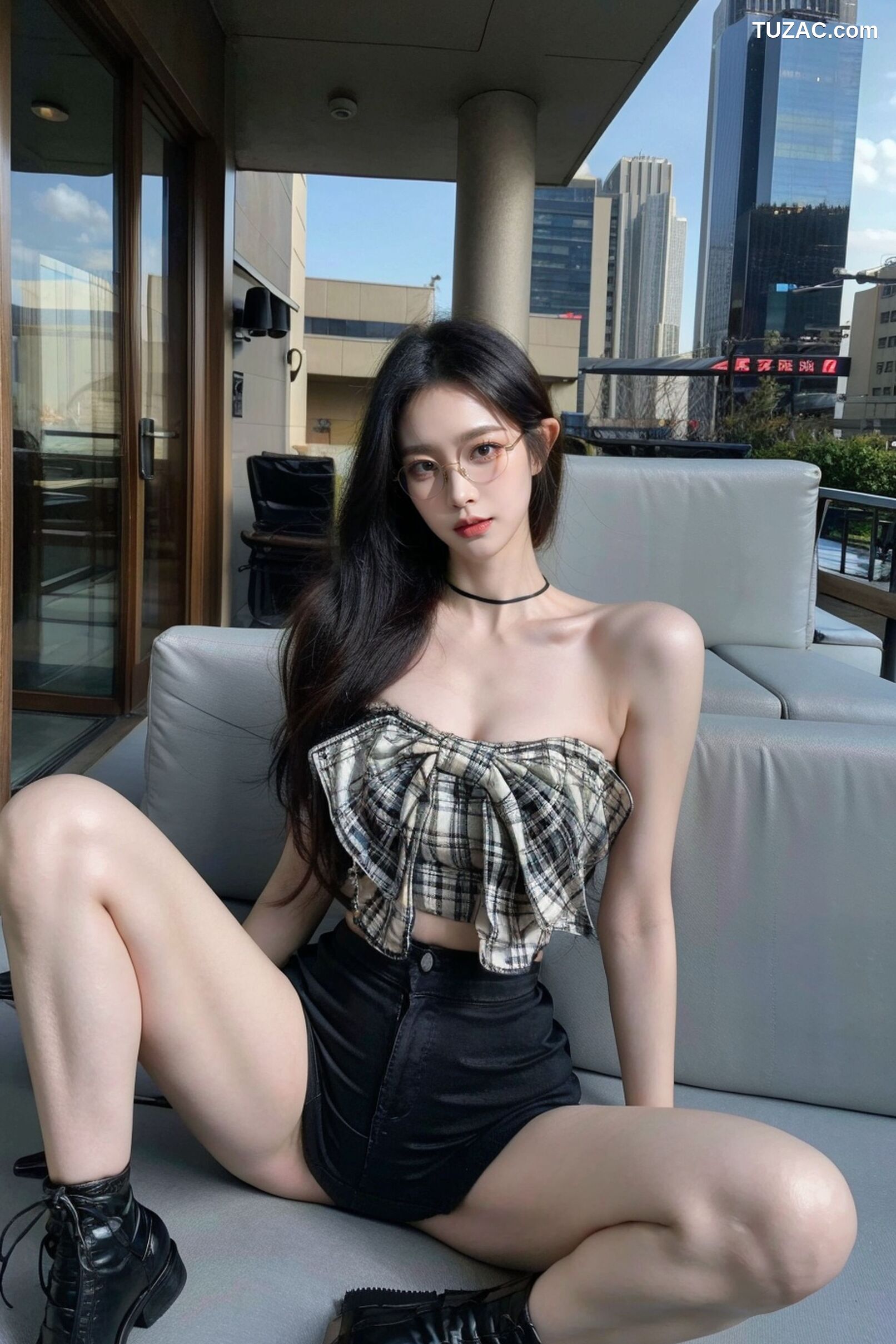 AI美女-超写实-格子蝴蝶结抹胸黑短裙美女街拍