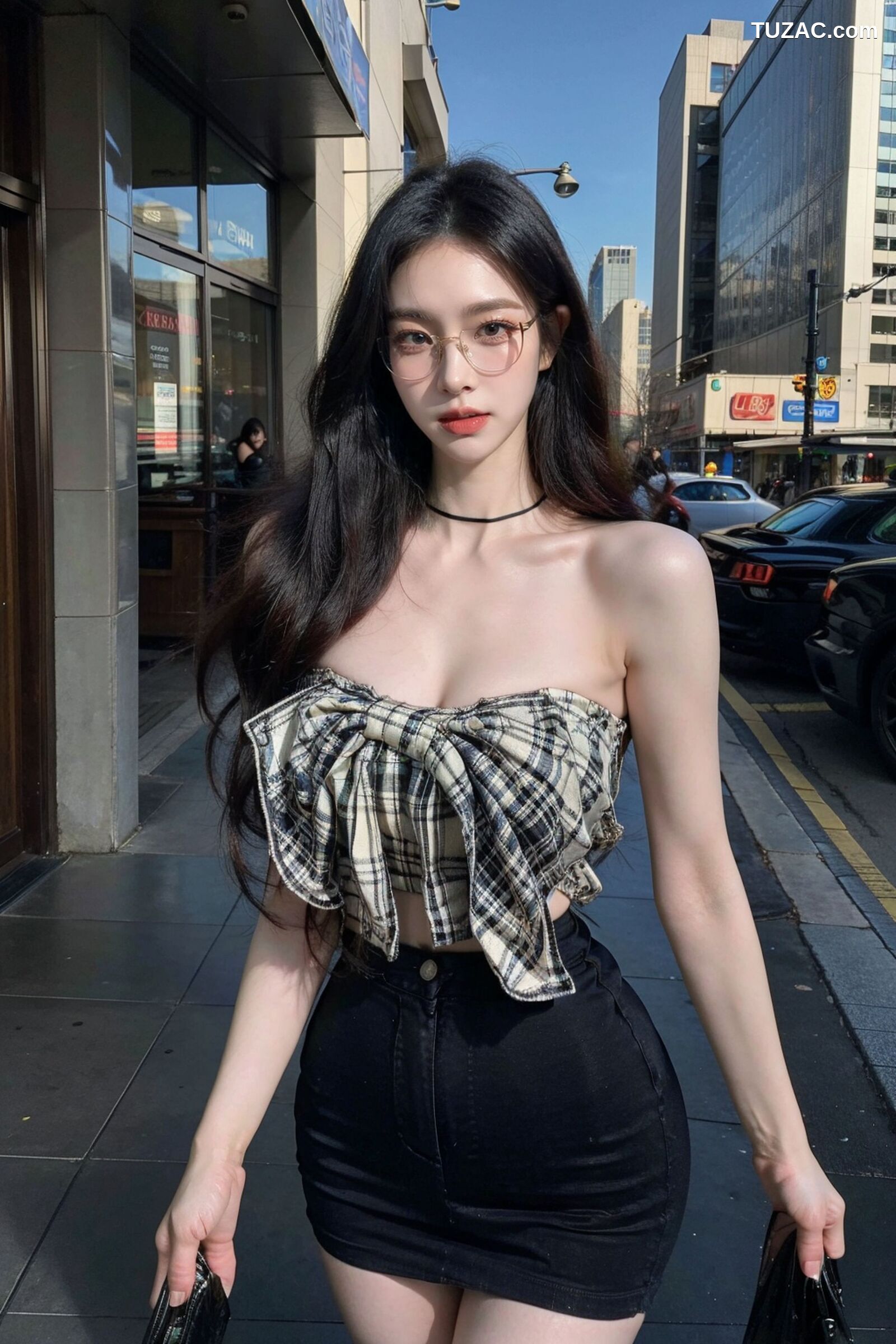 AI美女-超写实-格子蝴蝶结抹胸黑短裙美女街拍