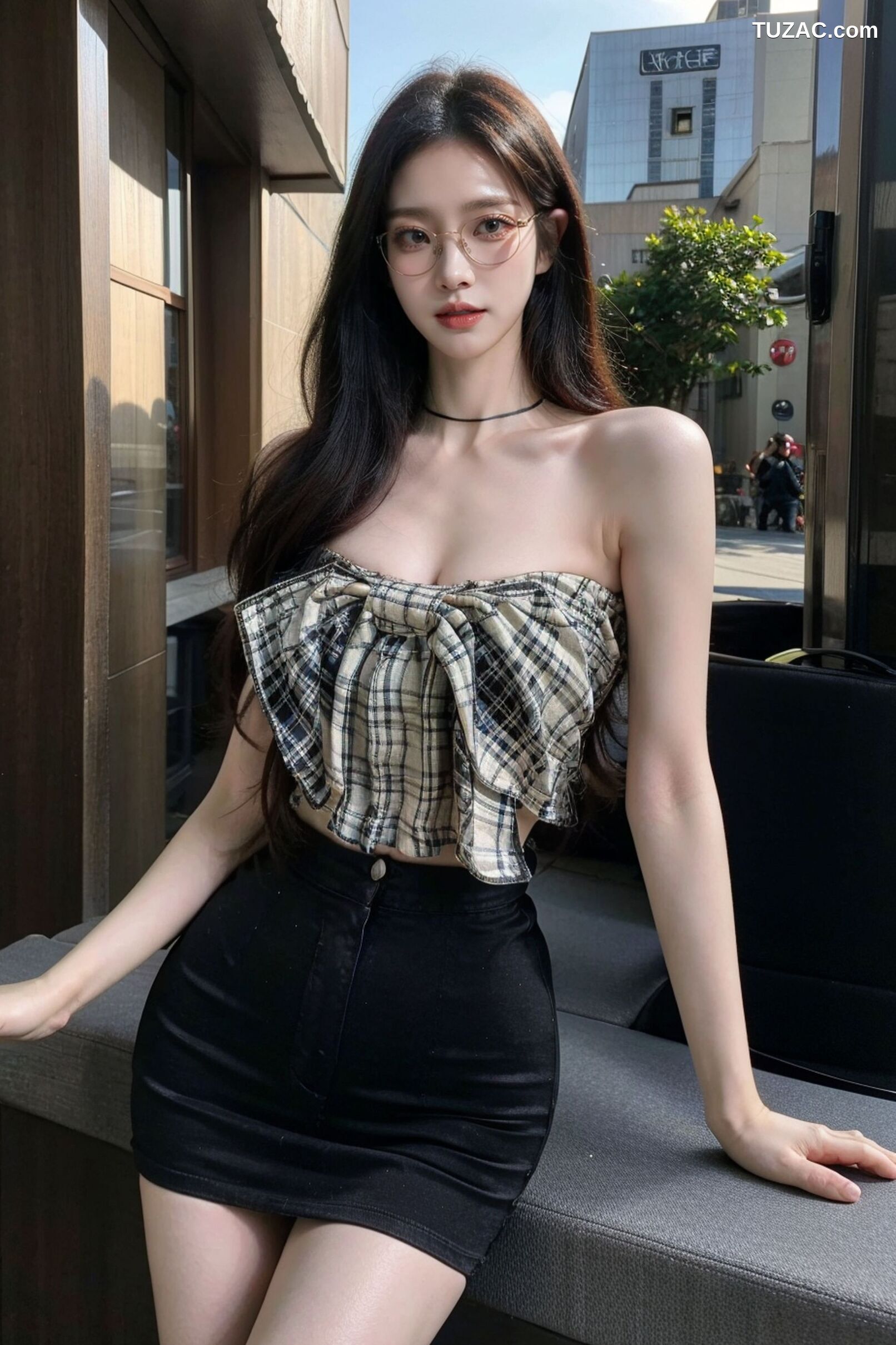 AI美女-超写实-格子蝴蝶结抹胸黑短裙美女街拍