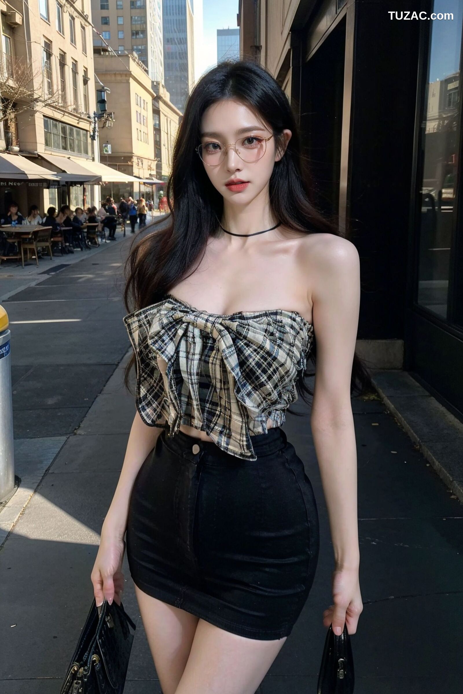 AI美女-超写实-格子蝴蝶结抹胸黑短裙美女街拍