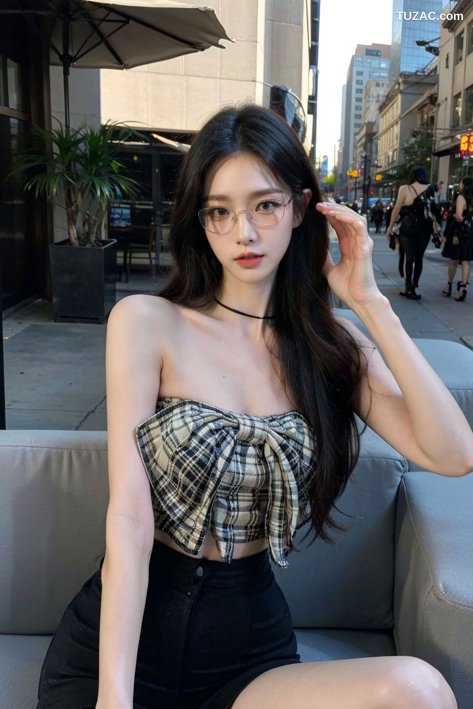 AI美女-超写实-格子蝴蝶结抹胸黑短裙美女街拍