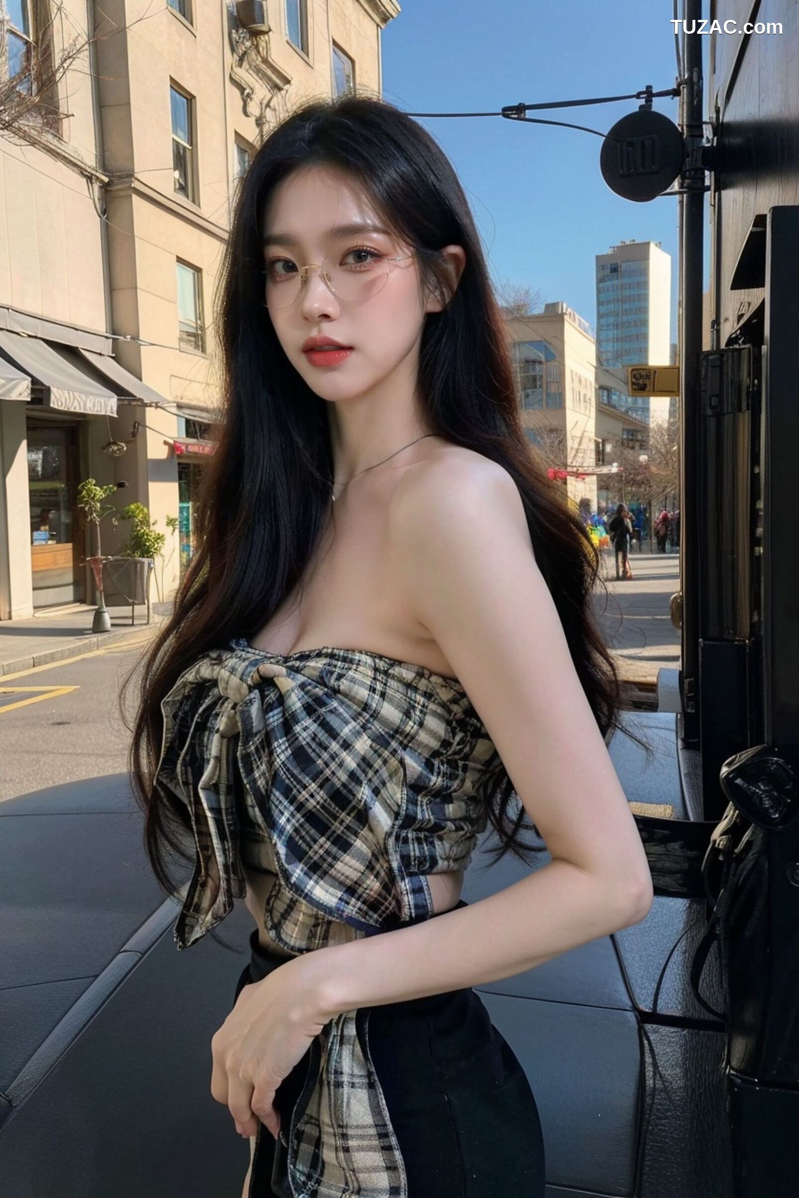 AI美女-超写实-格子蝴蝶结抹胸黑短裙美女街拍