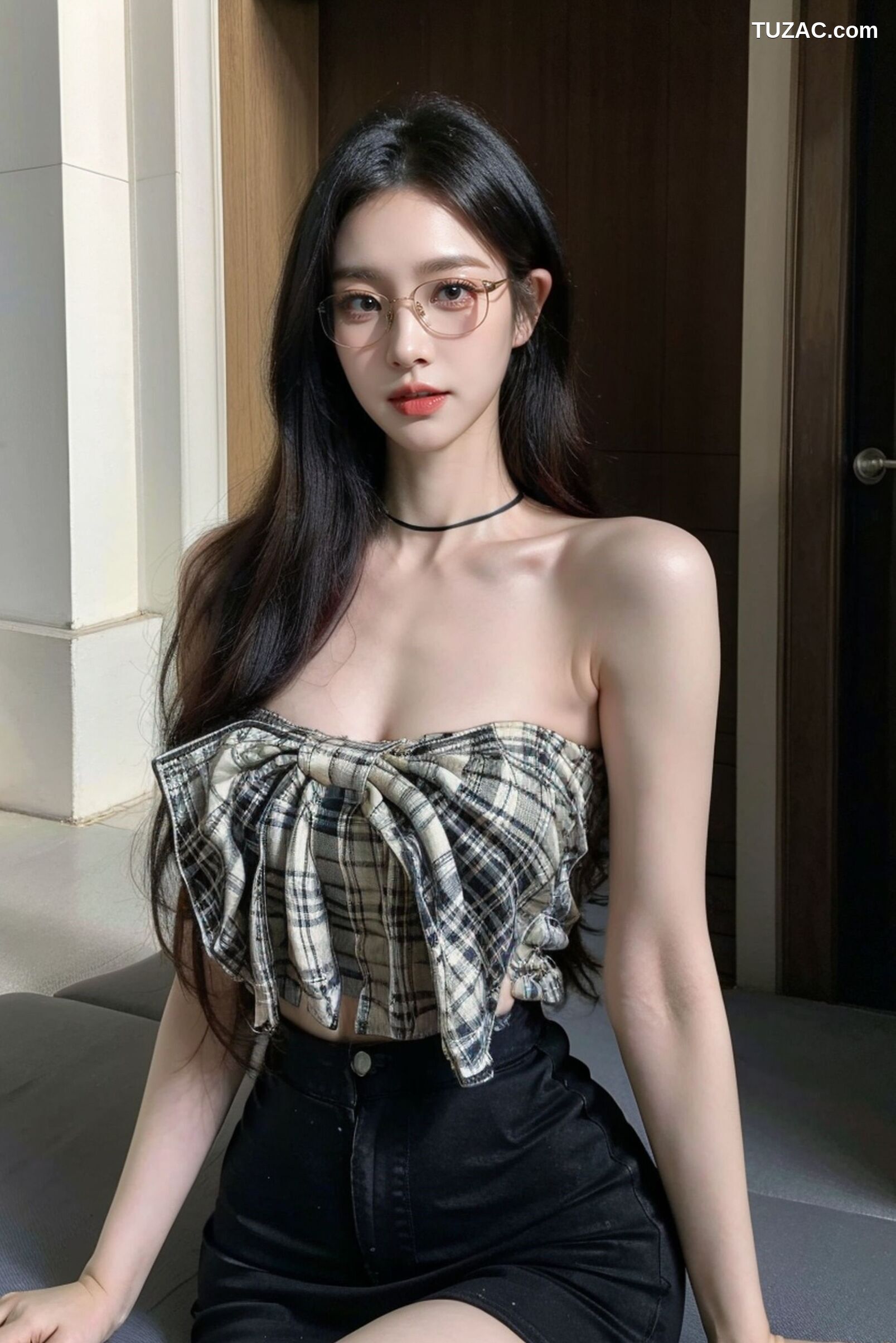 AI美女-超写实-格子蝴蝶结抹胸黑短裙美女街拍