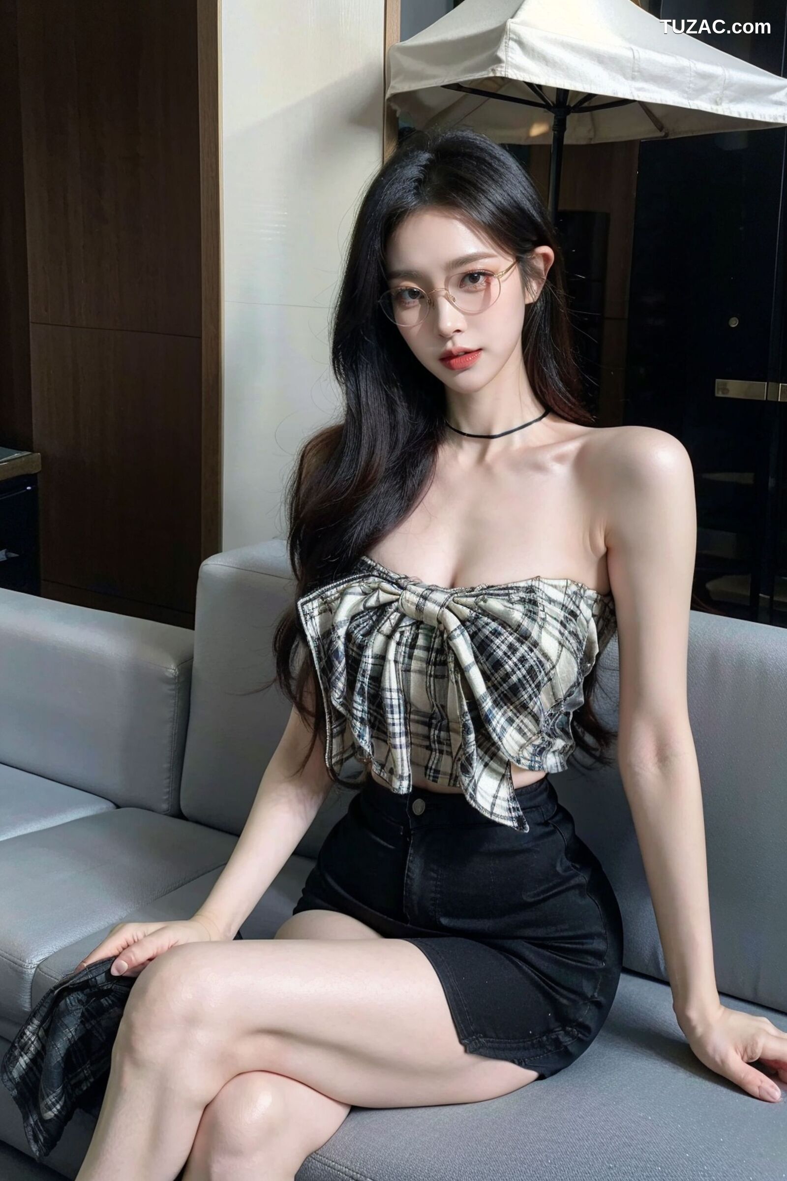 AI美女-超写实-格子蝴蝶结抹胸黑短裙美女街拍