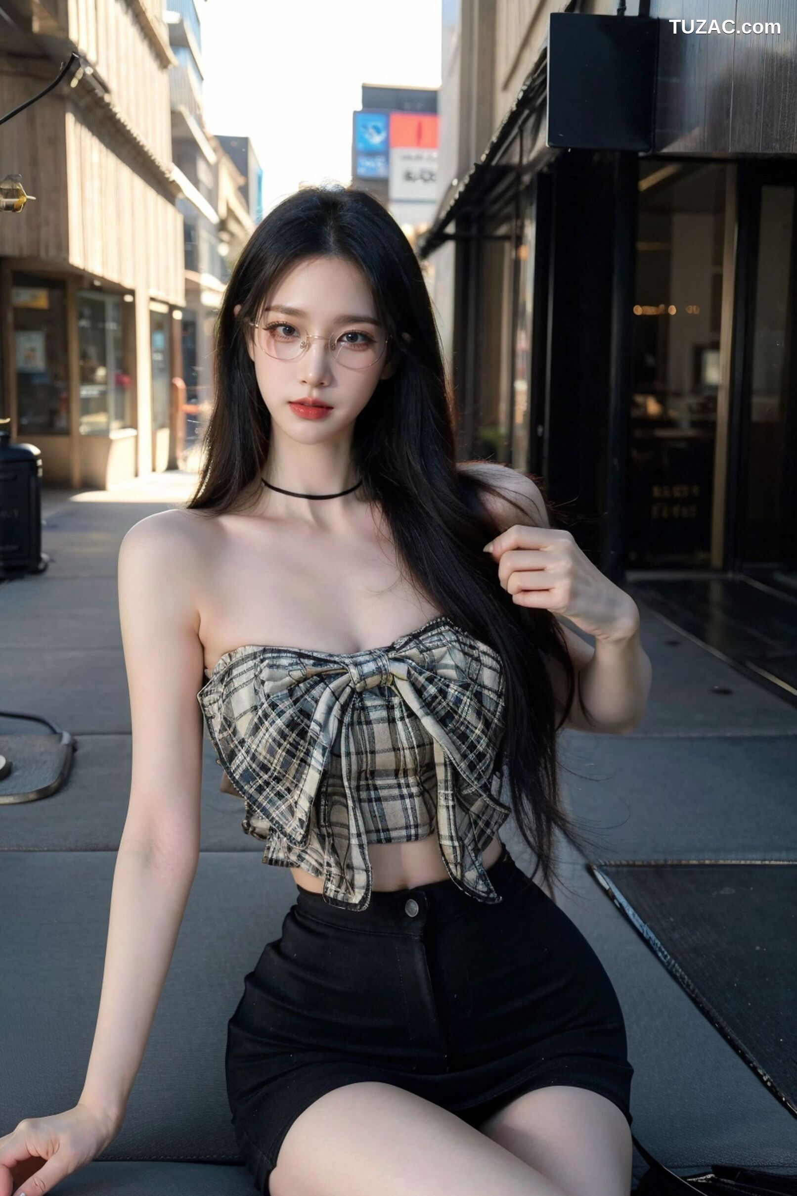 AI美女-超写实-格子蝴蝶结抹胸黑短裙美女街拍